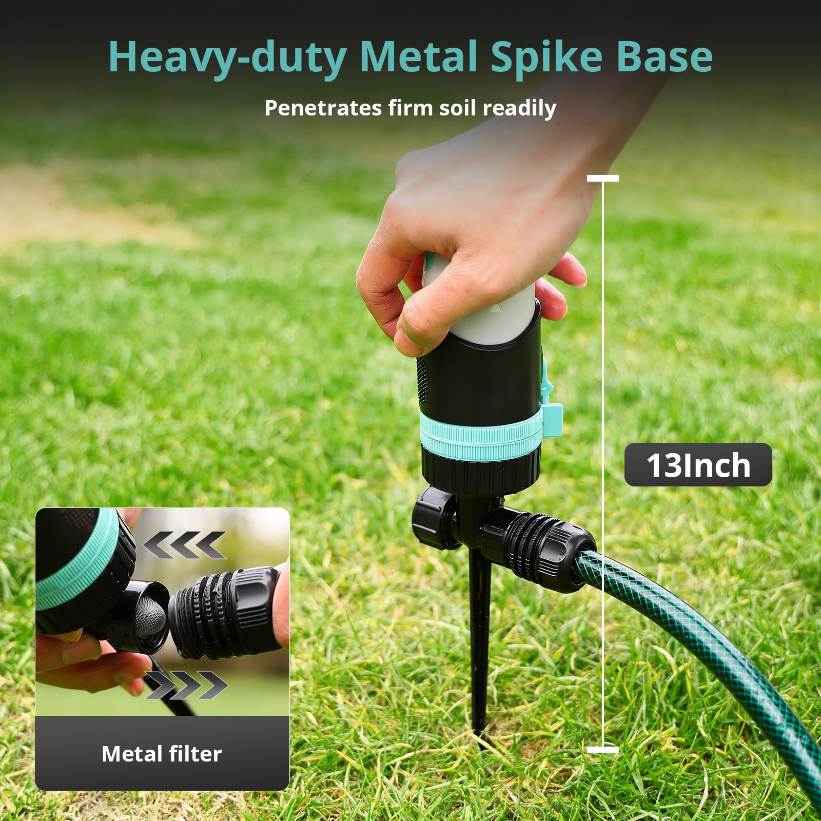 QUOBAS Paquete de 2 aspersores de césped para patio, aspersor de 4 patrones con 360° ajustable, base de metal resistente para suelo firme, riego de área grande de hasta 50 pies, aspersor de agua para