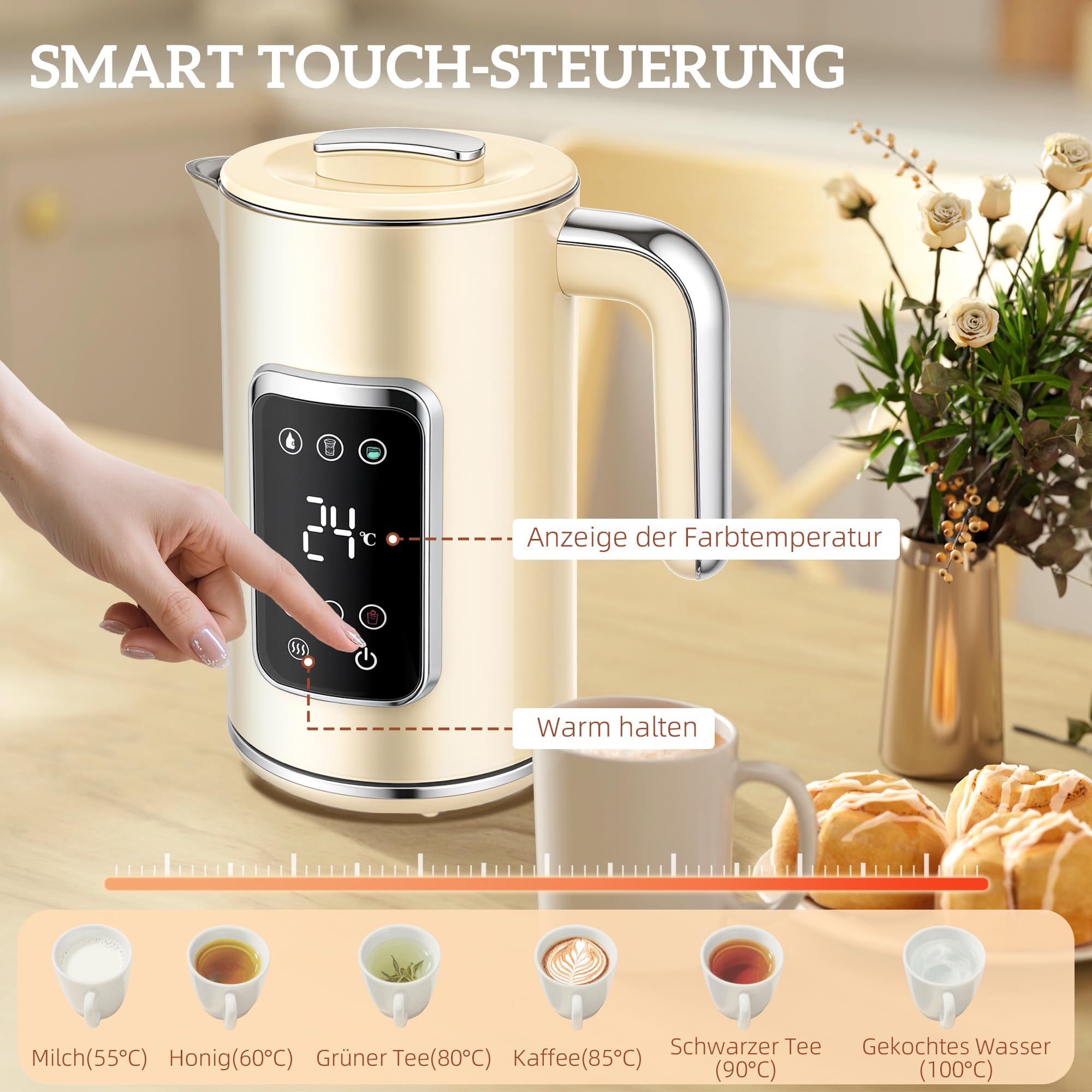 HOMCOM Wasserkocher Toaster Set 1,7L Edelstahl 2200W mit Memory-Funktion 55-90°C Warmhaltefunktion 2 Scheiben Toaster 6 Bräunungsstufen Creme