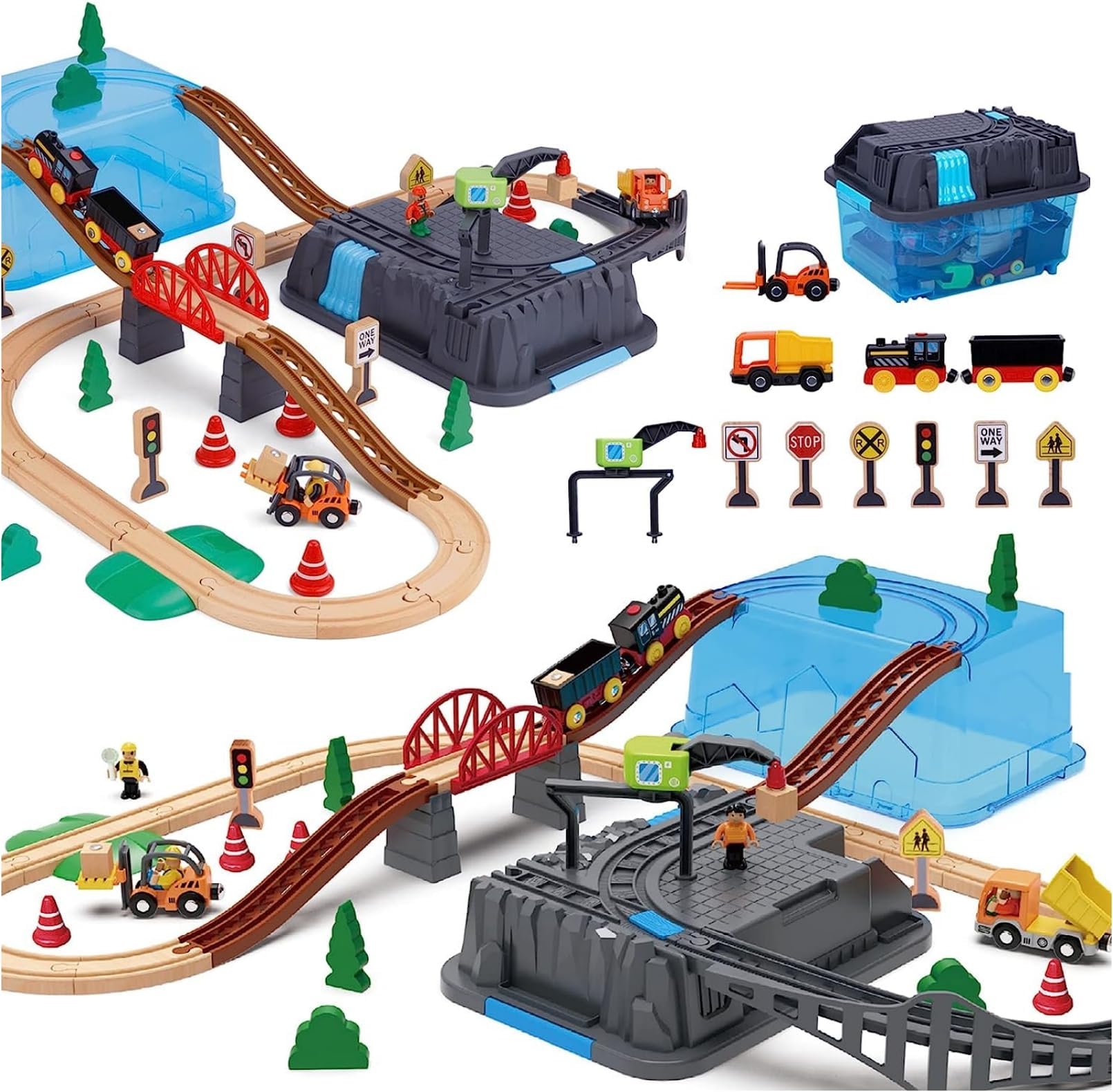 AM ANNA Wooden Train Tracks & Trains for Kids, 55PCS Wood Train Set for Boys & Girls Gift Packed Toy Railway Kits for Kids, with Battery Locomotive Train, Premium Wood Construction Toys