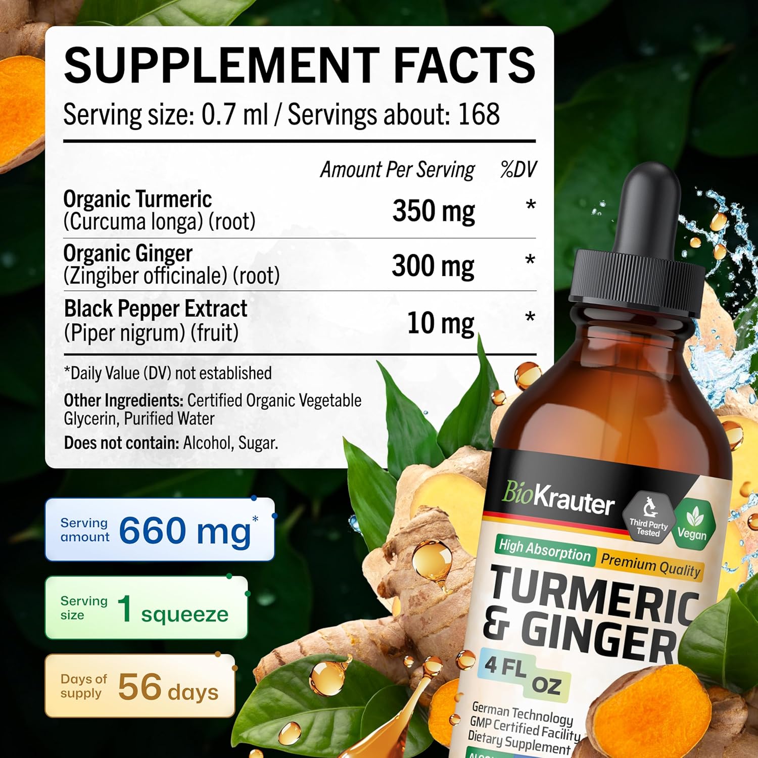 BIO KRAUTER® Turmeric and Ginger Supplement - Pure Vegan Liquid Turmeric & Ginger Tincture with Pepper 4 Fl.Oz 56 Days of Supply - Curcumin Drops for Joint Support, Antioxidant & Immune Support