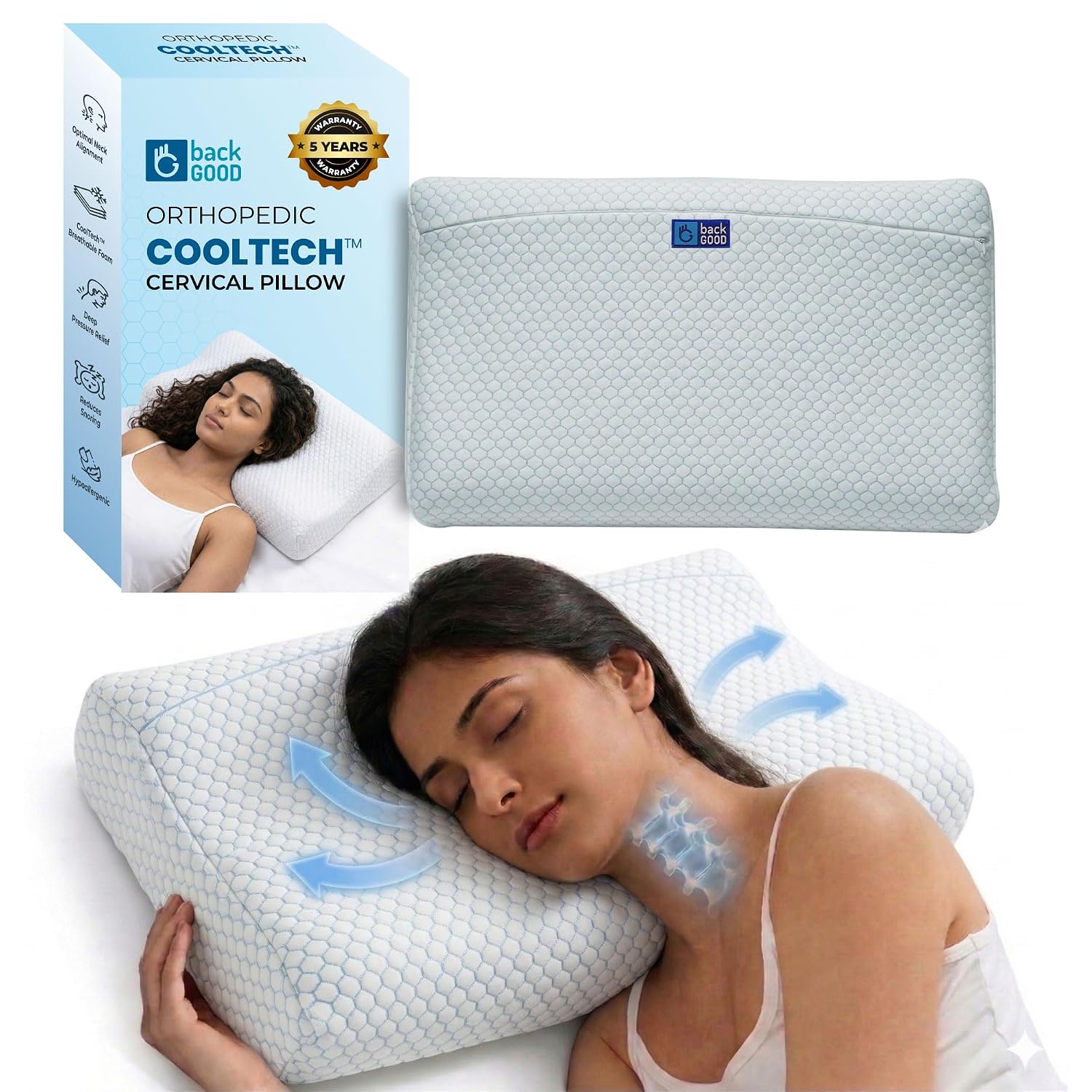 BackGood CoolTech Cervical Memory Foam Pillow for Neck & Shoulder Pain Relief |5-Yr-Warranty | Orthopedic Neck Support for...