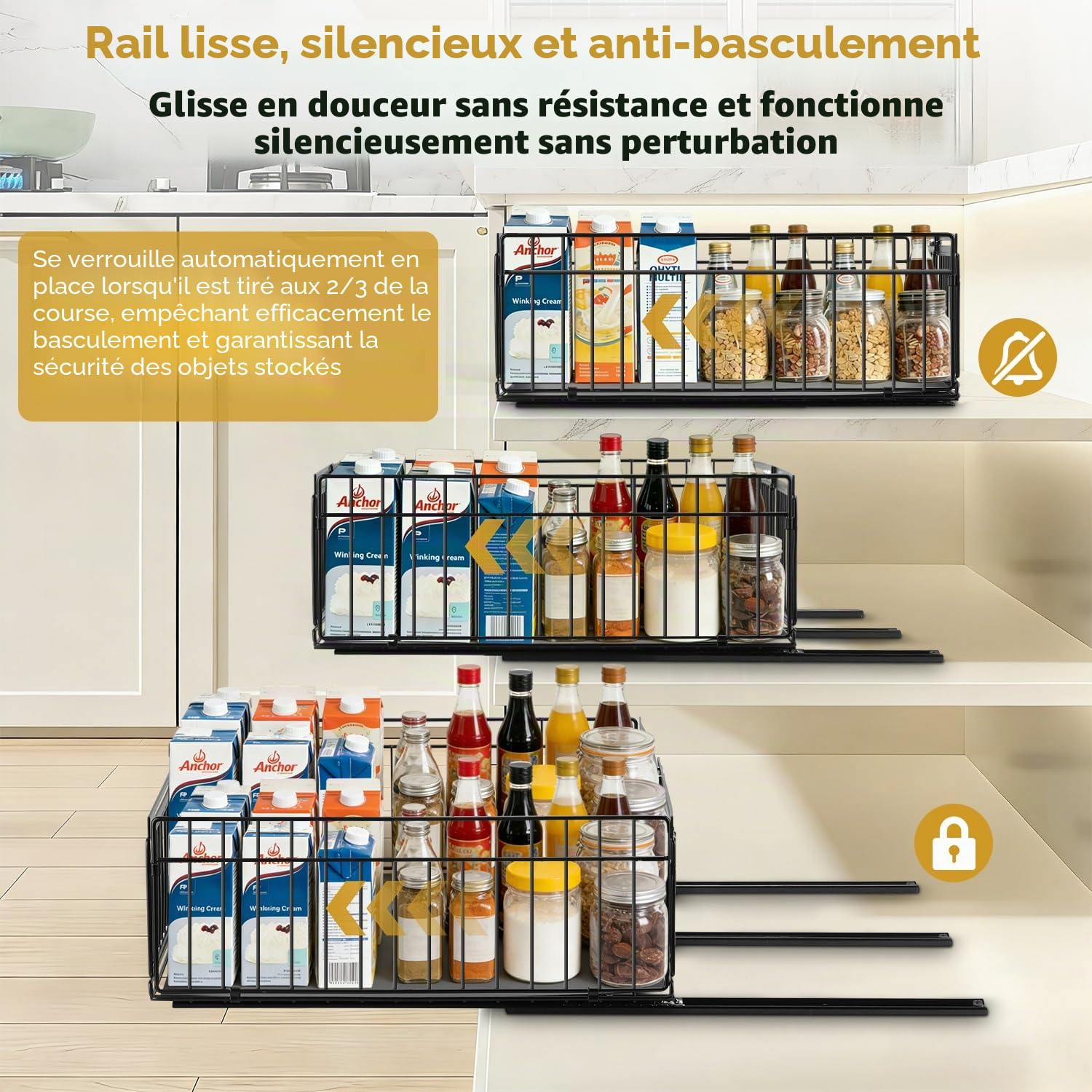 Lot de 2 Tiroirs Coulissants pour Placard de Cuisine - Organisateur de Rangement Coulissant Extensible, Largeur Réglable de 30 à 51 cm, Sans Perçage, Universel pour Cuisine, Salle de Bain, Dressing