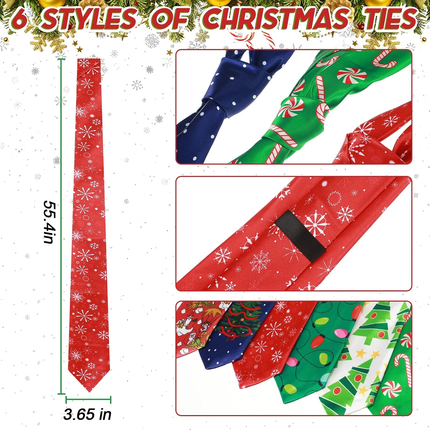 6 Pcs Christmas Ties for Men 51 Inch Novelty Holiday Printed Necktie Santa Snowman Snowflake Funny Neck Tie for Boy
