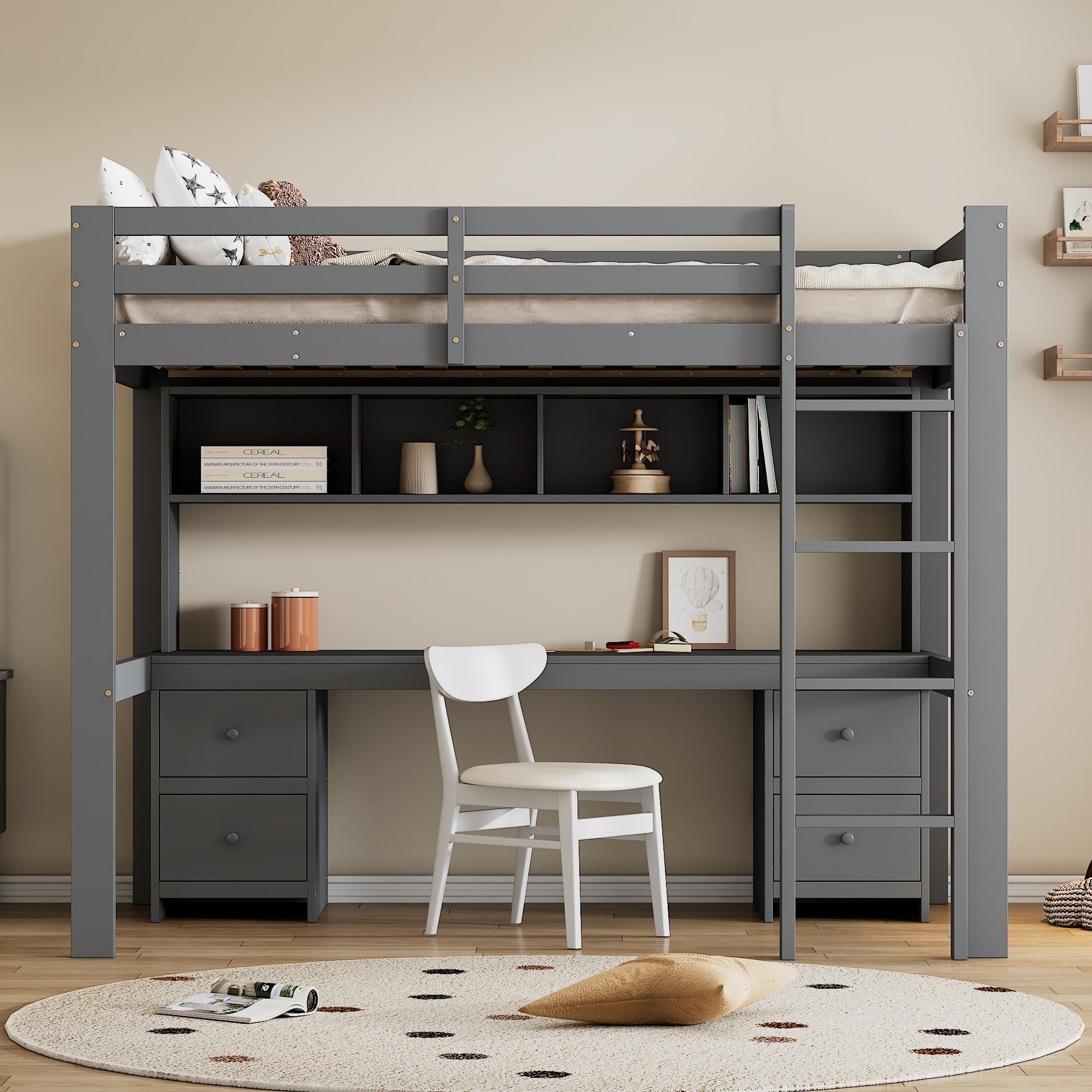 Cama alta infantil con escritorio para crear un cuarto de juegos y estudio