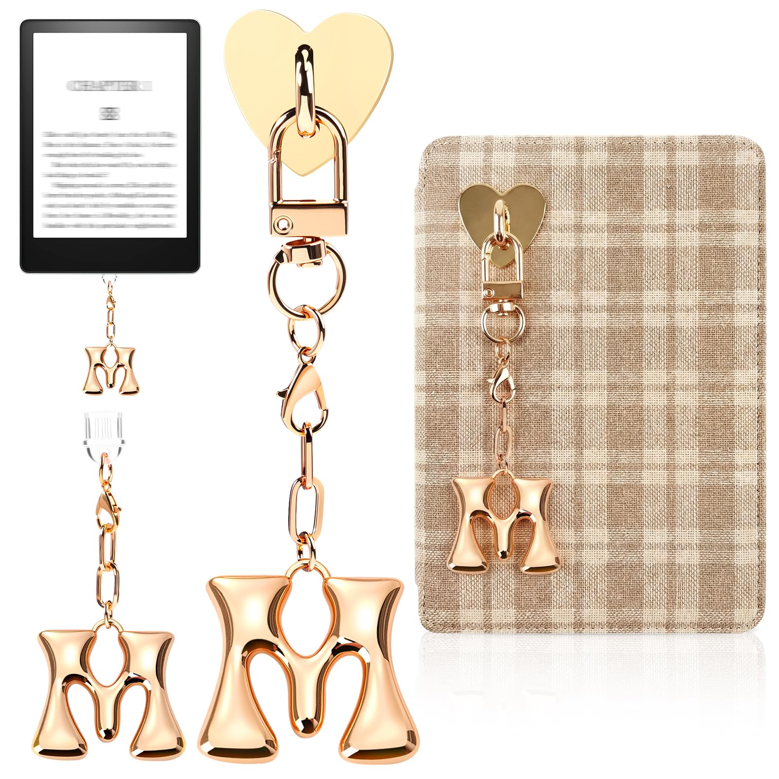 Kindle Dust Plug Charm & Chain, Alphabet Letter Charms with Removable Heart Hook, Type-C Charger Port Dust Plug Accessories Compatible with Kindle