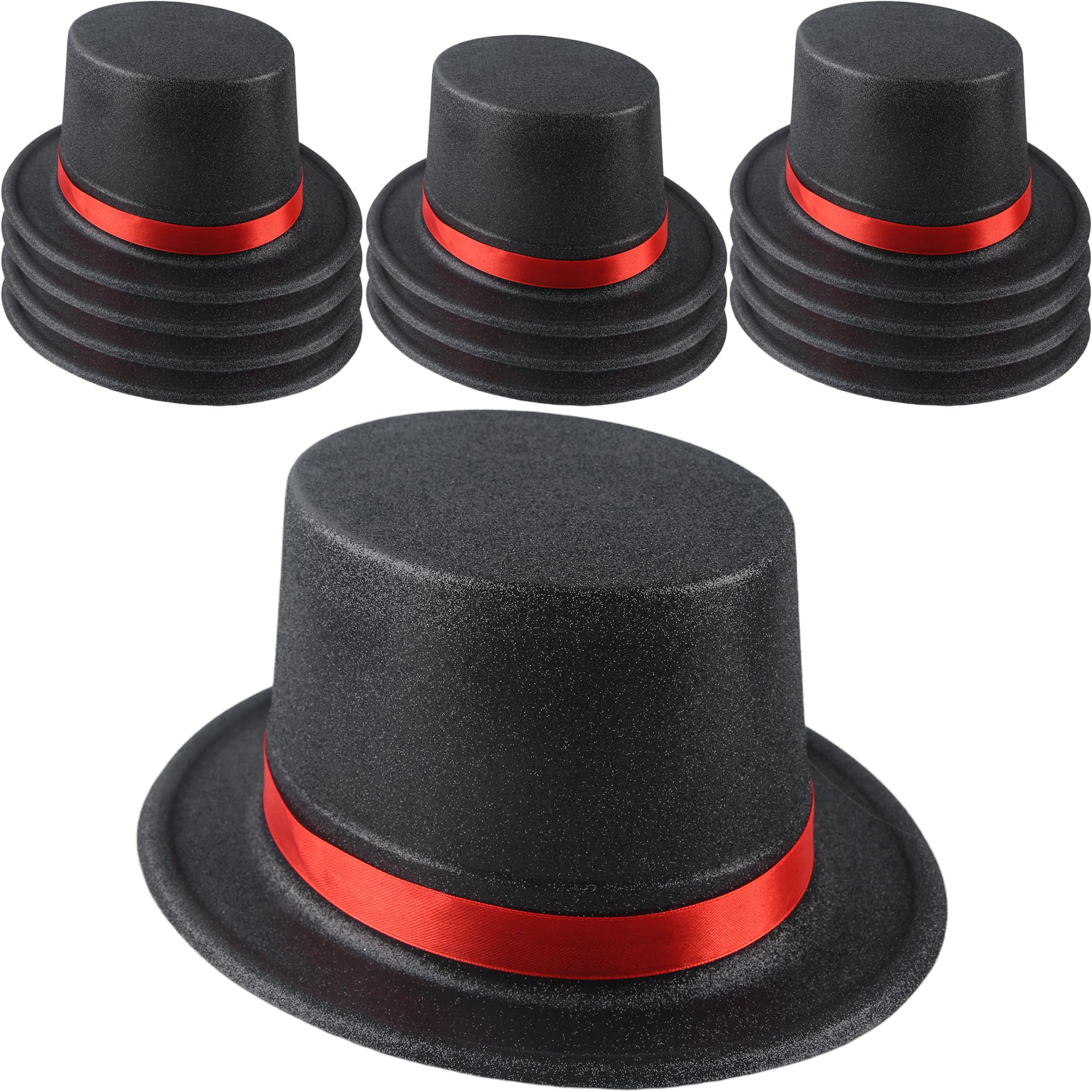 SGBETTER 12 Pack Adults Top Hats Bulk Black Glitter Top Hat with Red Band Plastic Magician Hat for Men Women Dress Up Supplies (Color Style 2 (PVC Glitter))