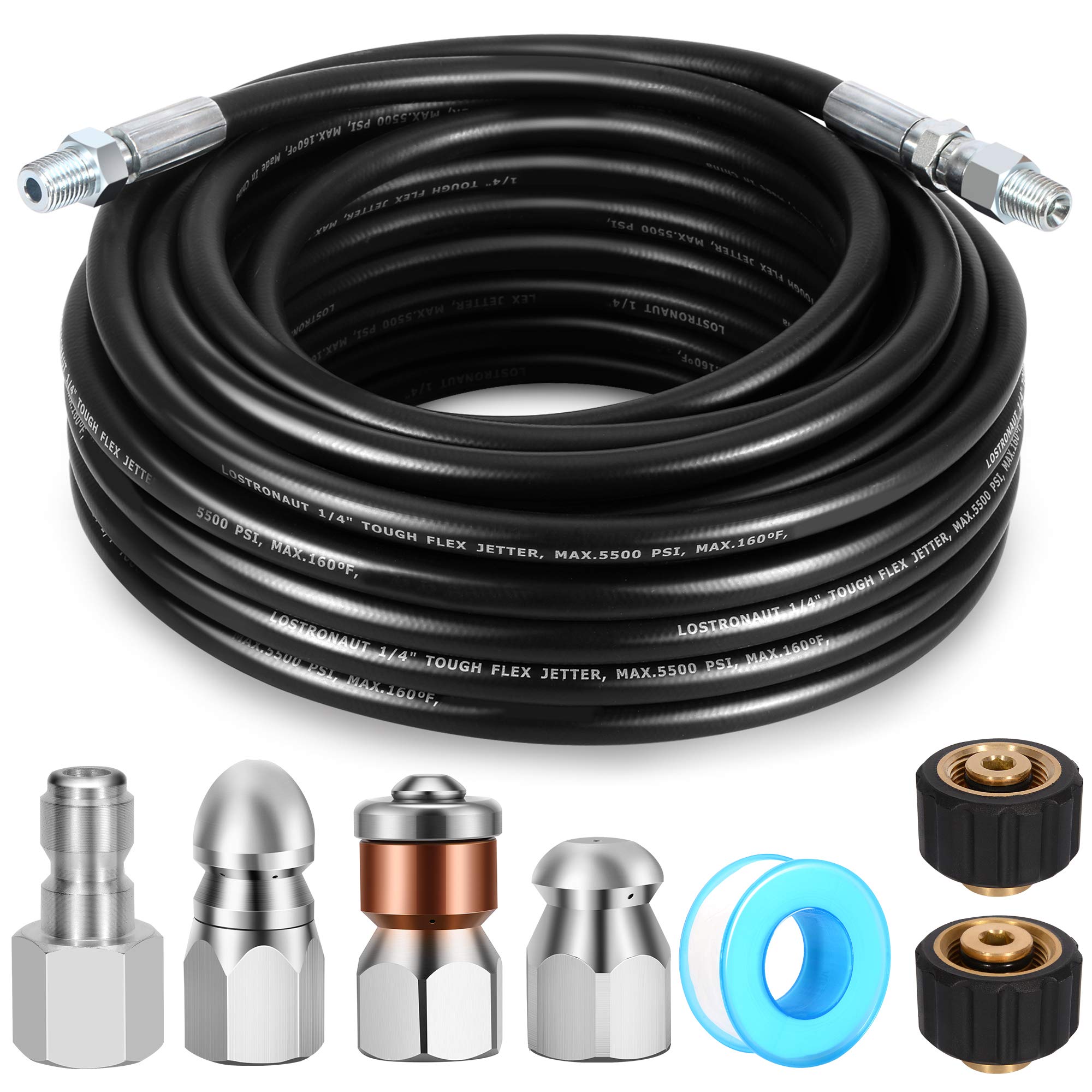 LOSTRONAUT - Kit de limpieza de desagüe (incluye manguera de lavado a presión flexible resistente y 7 boquillas y adaptadores de alta gama para chorro de drenaje de 1/4''NPT