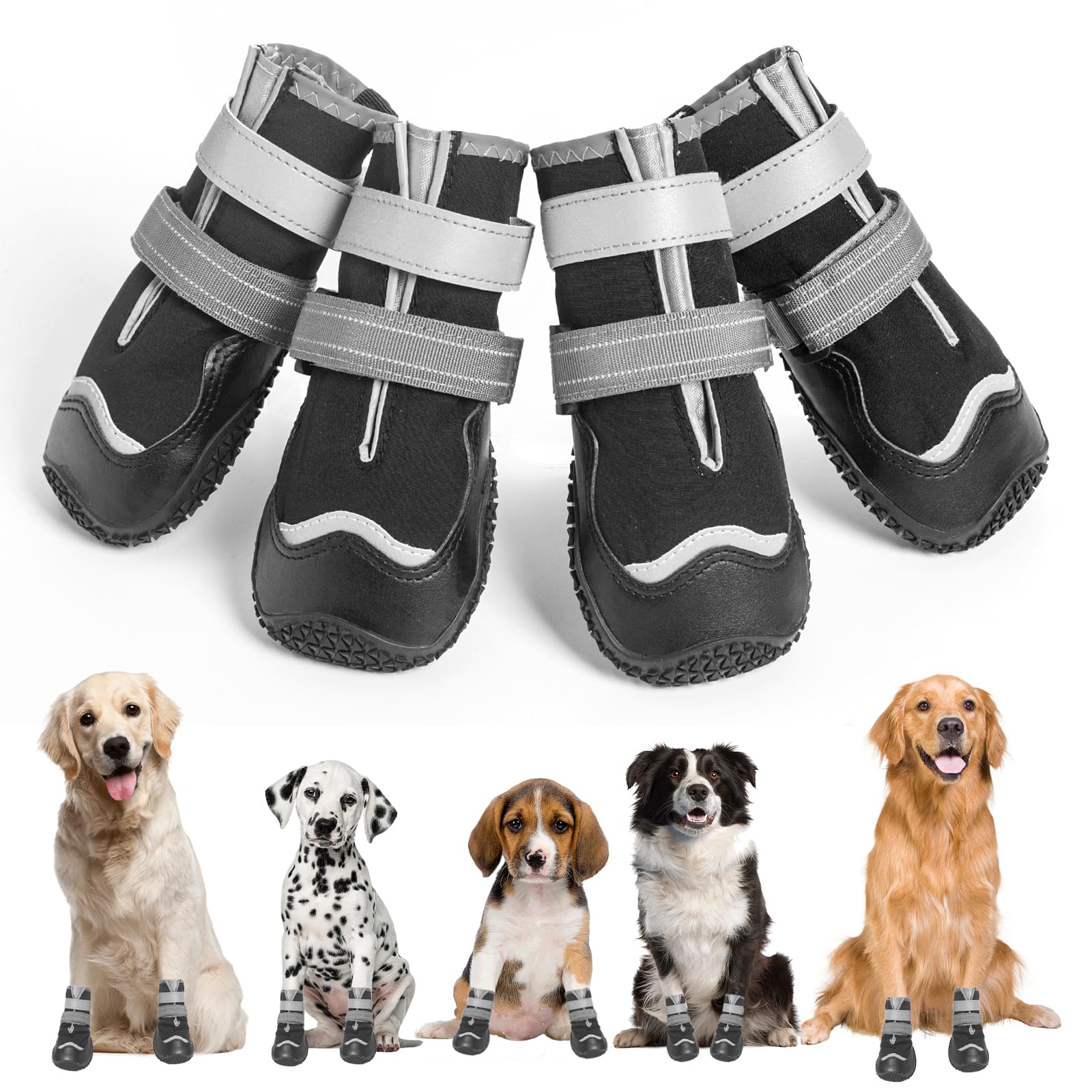 Ohcozzy Waterproof Dog Shoes, Anti-Slip Dog Boots with Reflective Straps, Wear-resistant Rubber Sole Dogs Paw Protector for Small Medium Large Dogs 4 Pcs(L,Black)