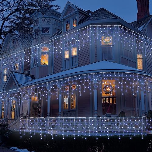 Miniatura 5 de Luces de carámbano de Navidad para decoración al aire libre, 8 modos, 300 luces LED conectables de 30 pies, 60 gotas para aleros, ventana, hogar,