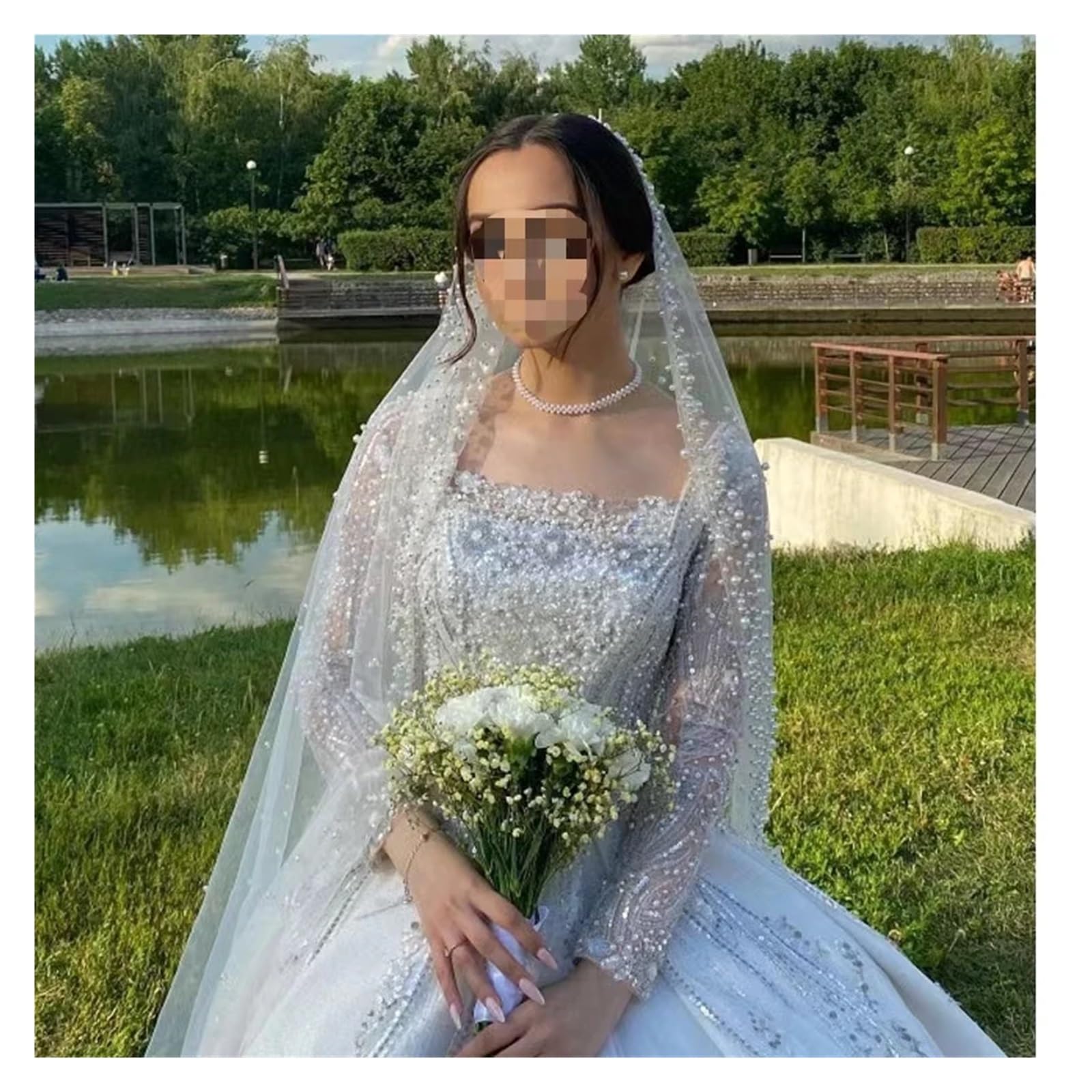 Velo Sposa Velo di Perle da Sposa Donna Accessori da Sposa Bianco Avorio 1,5 m di Larghezza(White,300cm)