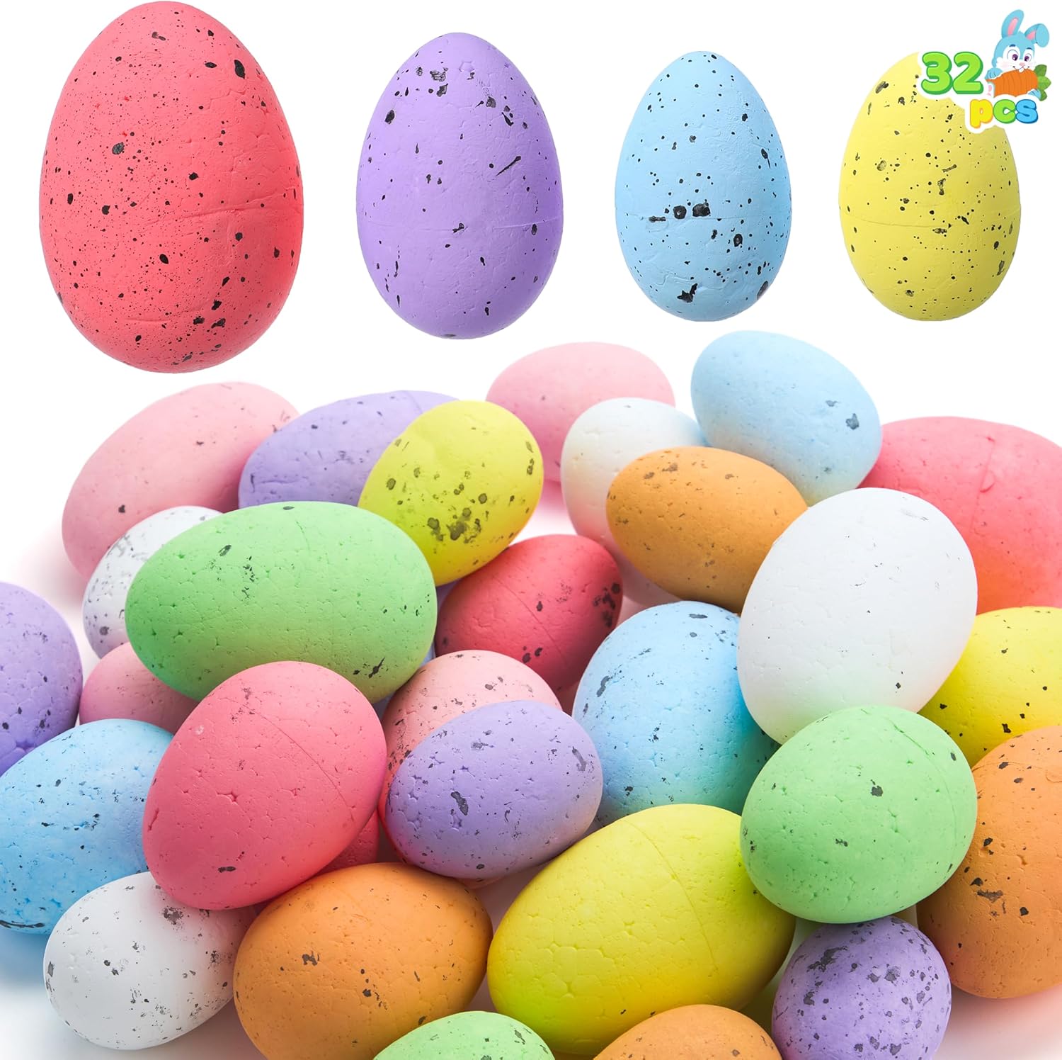 JOYIN 32Pcs Easter Foam Eggs, Pastel Speckled Assorted Easter Eggs for Indoor Table Centerpiece Decoration, Party Favor, Bowl Fillers Wreath Garland