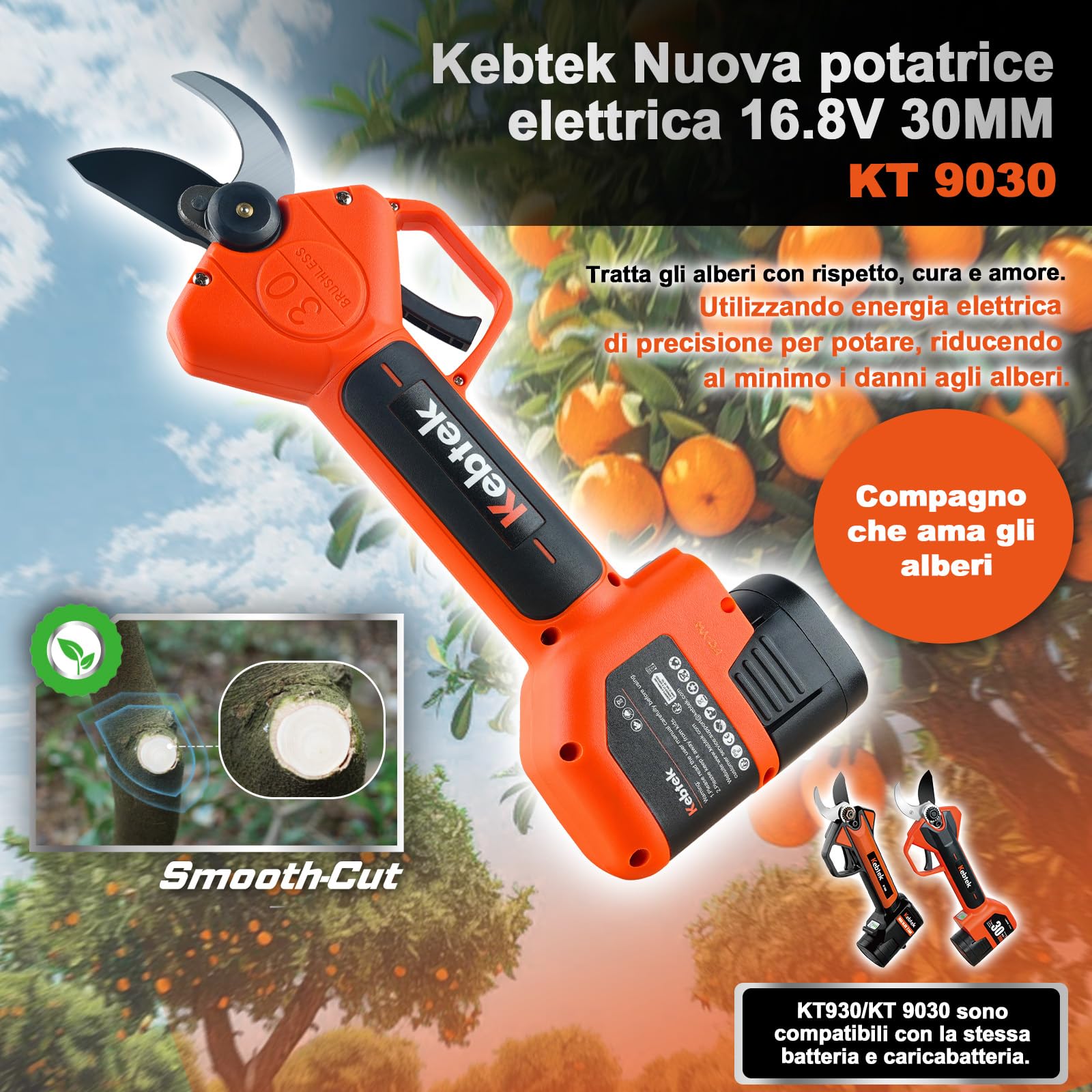 Kebtek KT9030 Forbici Da Potatura 30mm Con 2 Batterie 2500mAh 16,8V | Ideali Per Rose, Arbusti E Alberi Da Frutto, Leggere E Facili Da Usare Per La Potatura Quotidiana