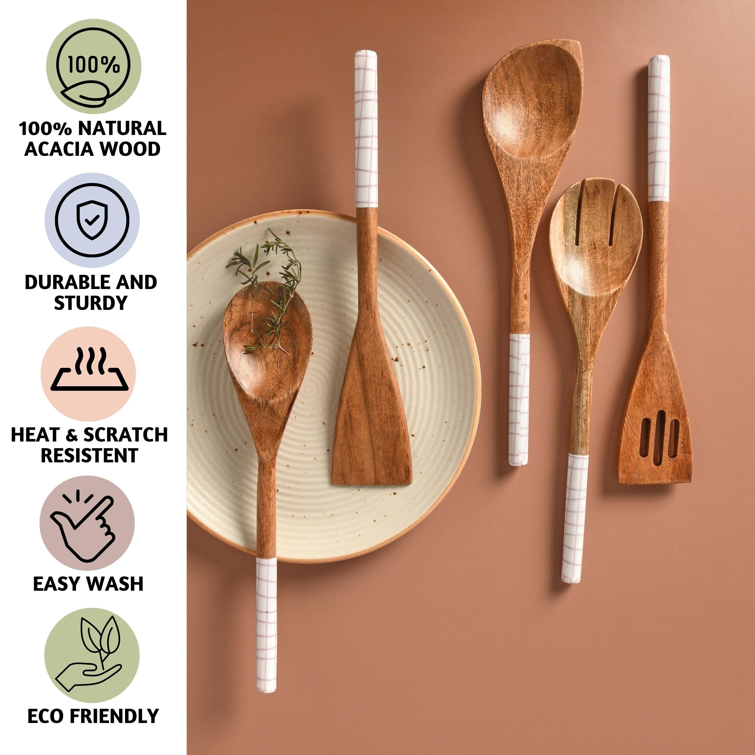 Folkulture Cucharas de madera para cocinar, juego de 5 utensilios de madera antiadherentes y resistentes al agua, libres de BPA