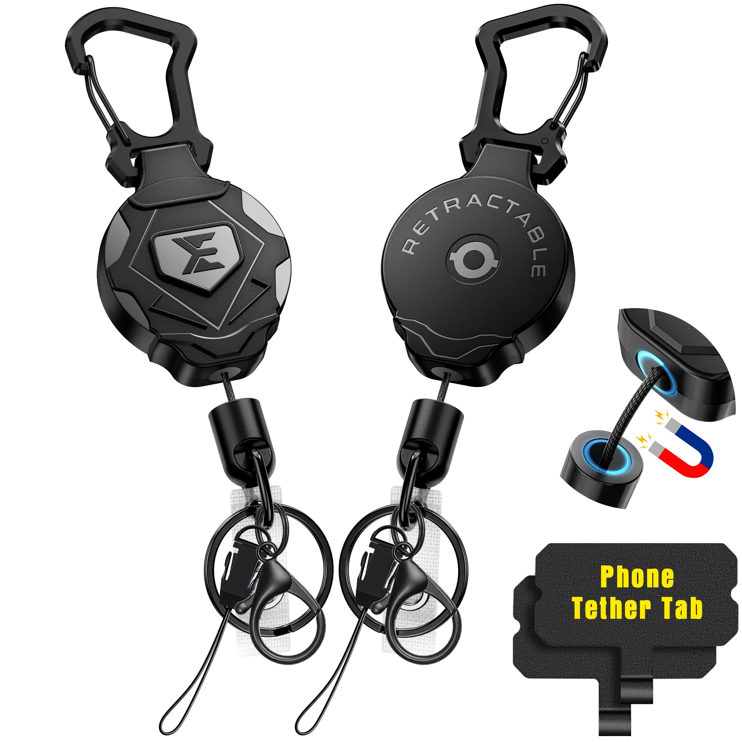 ELVELV Heavy Duty Retractable Keychain with Magnetic Closure and Carabiner, Retractable ID Badge Holder Clip, Retractable Badge Reel with 31” Dyneema Cord, Key Ring, Lobster Claw Clasp and Phone Tethers