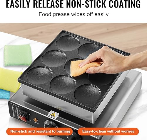 Vista 31 de VEVOR Máquina para hacer panqueques holandesa, 9 piezas de 2.992 in de diámetro, parrilla eléctrica comercial de 850 W, acero inoxidable