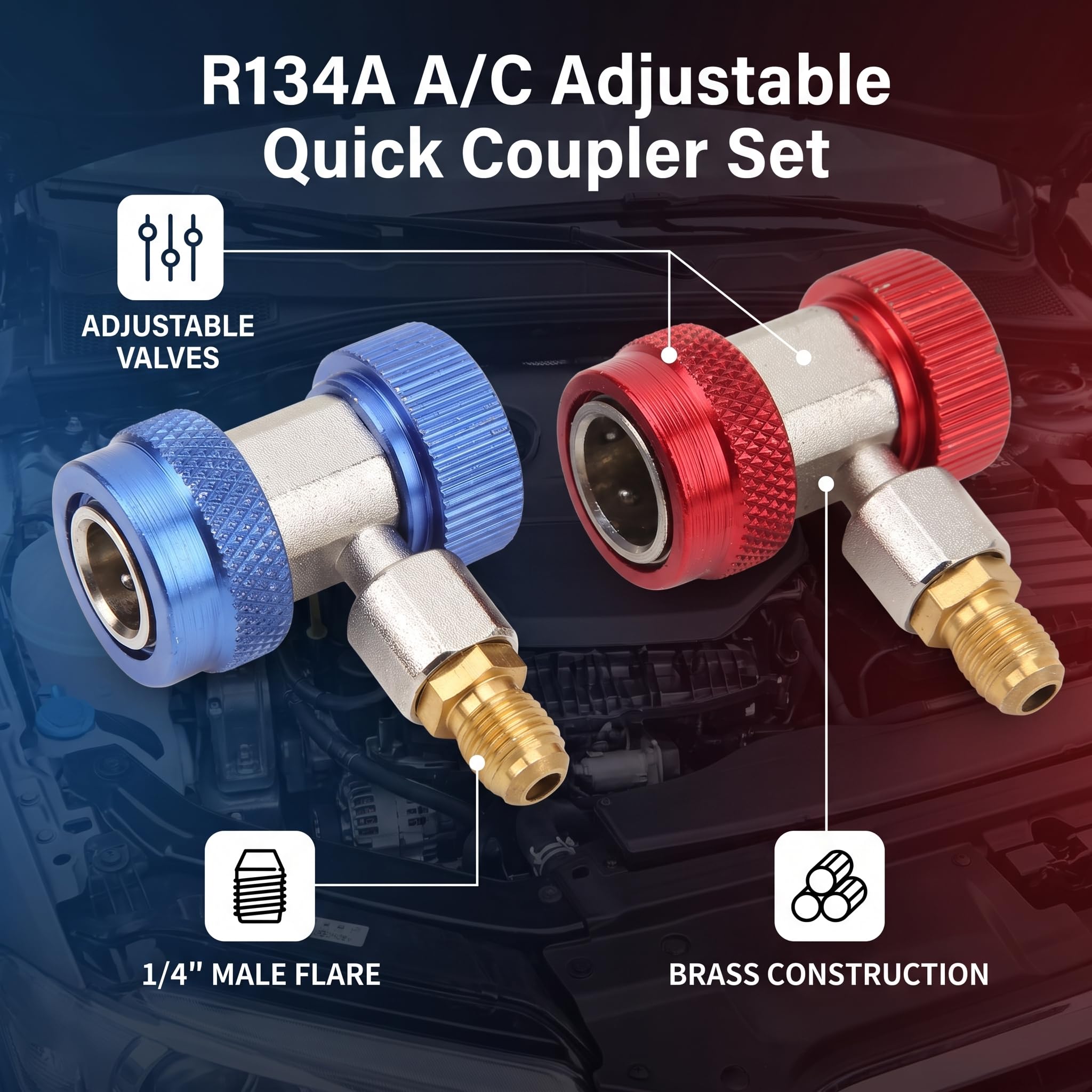 EVGATSAUTO Adattatore 2 Pezzi R134a Aria condizionata Adattatori rapidi Regolabili Accoppiatore Alto Basso Connettore AC Freon Kit collettore Calibro Tubo di conversione 1/4 SAE HVAC