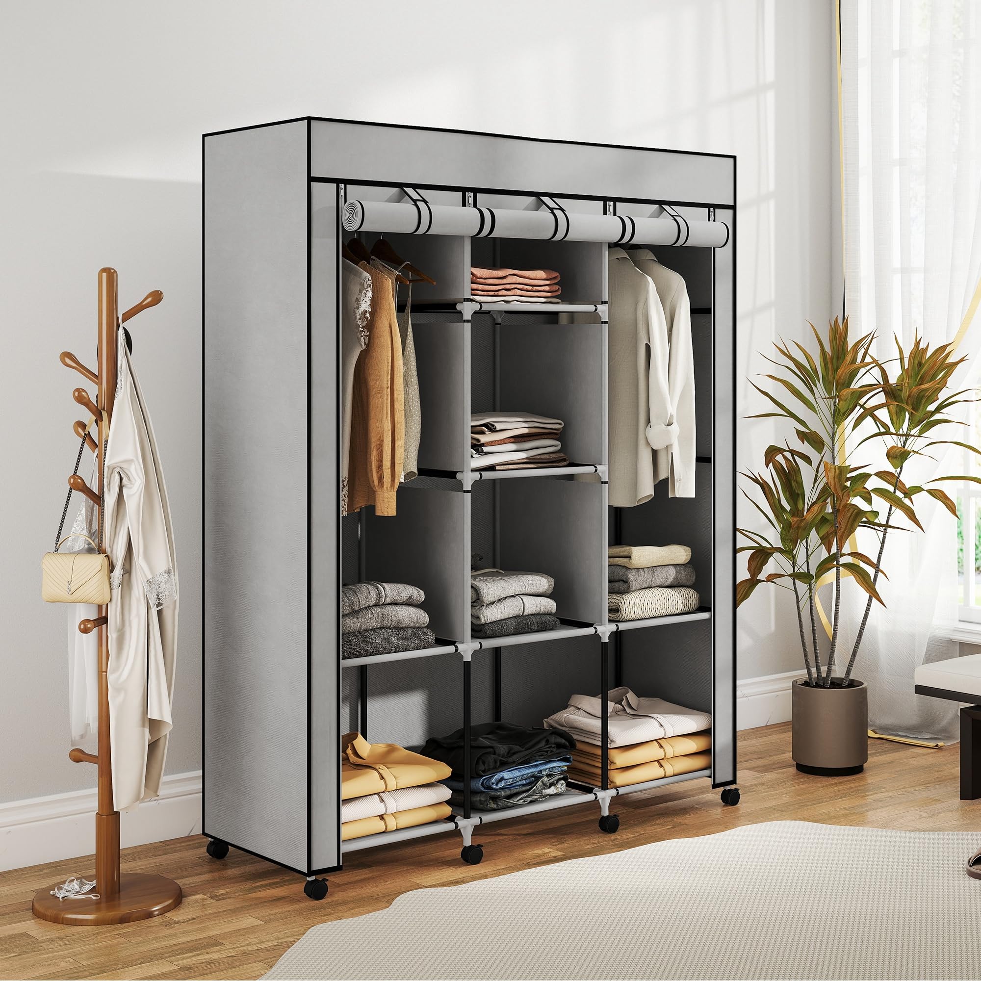 HOMCOM Kleiderschrank Stoffschrank mit Kleiderstange, Ablagen, Reißverschluss Faltschrank Stoffkleiderschrank für Schlafzimmer, Ankleidezimmer, 125 x 43 x 162,5 cm Hellgrau