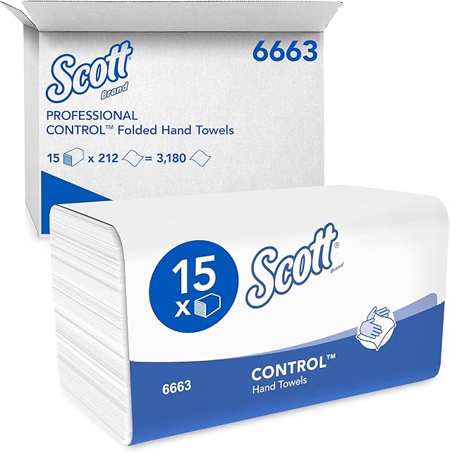Scott Control Interfold Hand Towels 6663 - V Fold Paper Towels - 15 Packs x 212 Paper Hand Towels (3,180 total), White