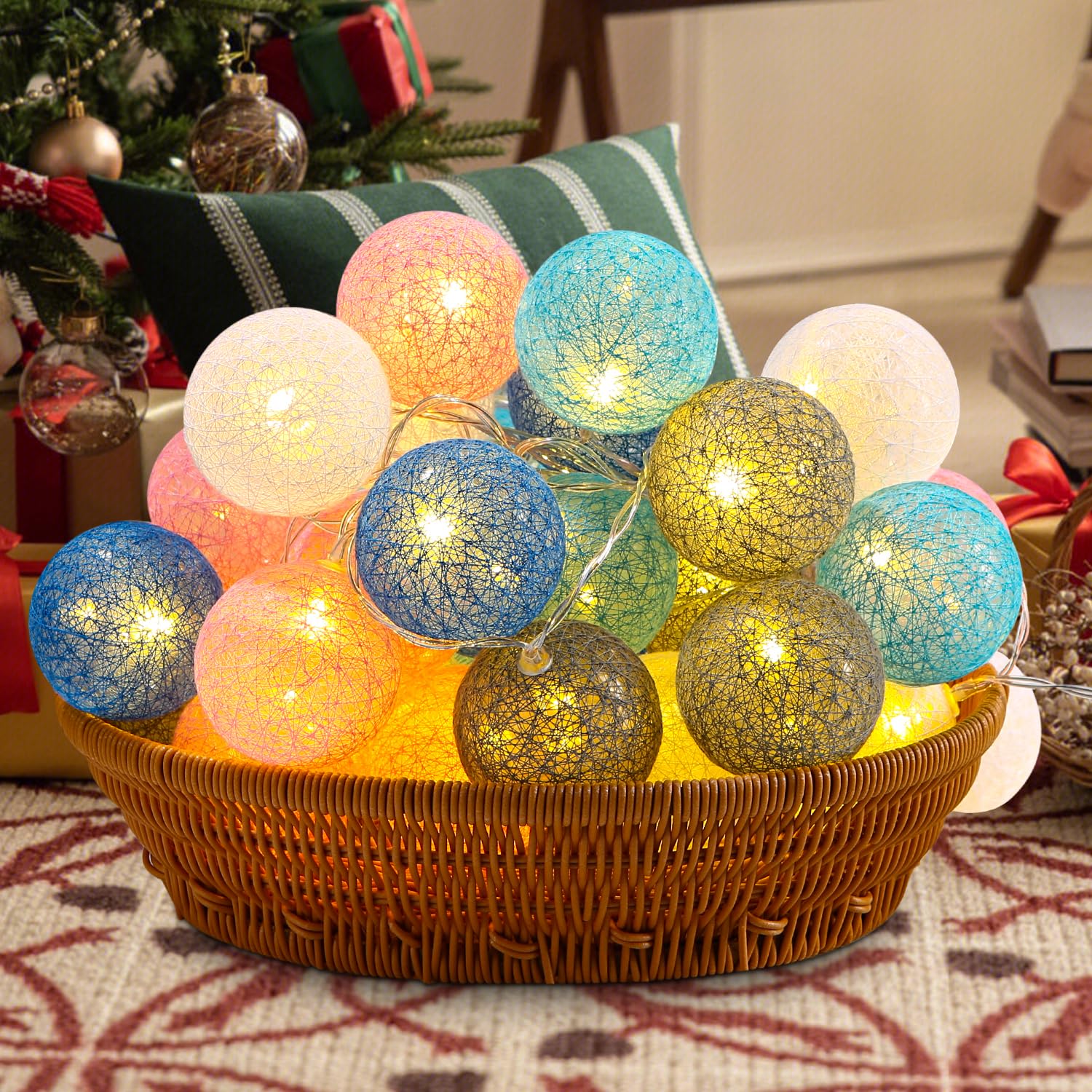 Azyvum 6m Cadena De Luces,40 LEDs Bolas de Algodón Guirnalda Luminosa, Luces Navidad Interior Luces de Hadas para Habitación Terrazas Navidad Fiestas Boda Decoración,Azul