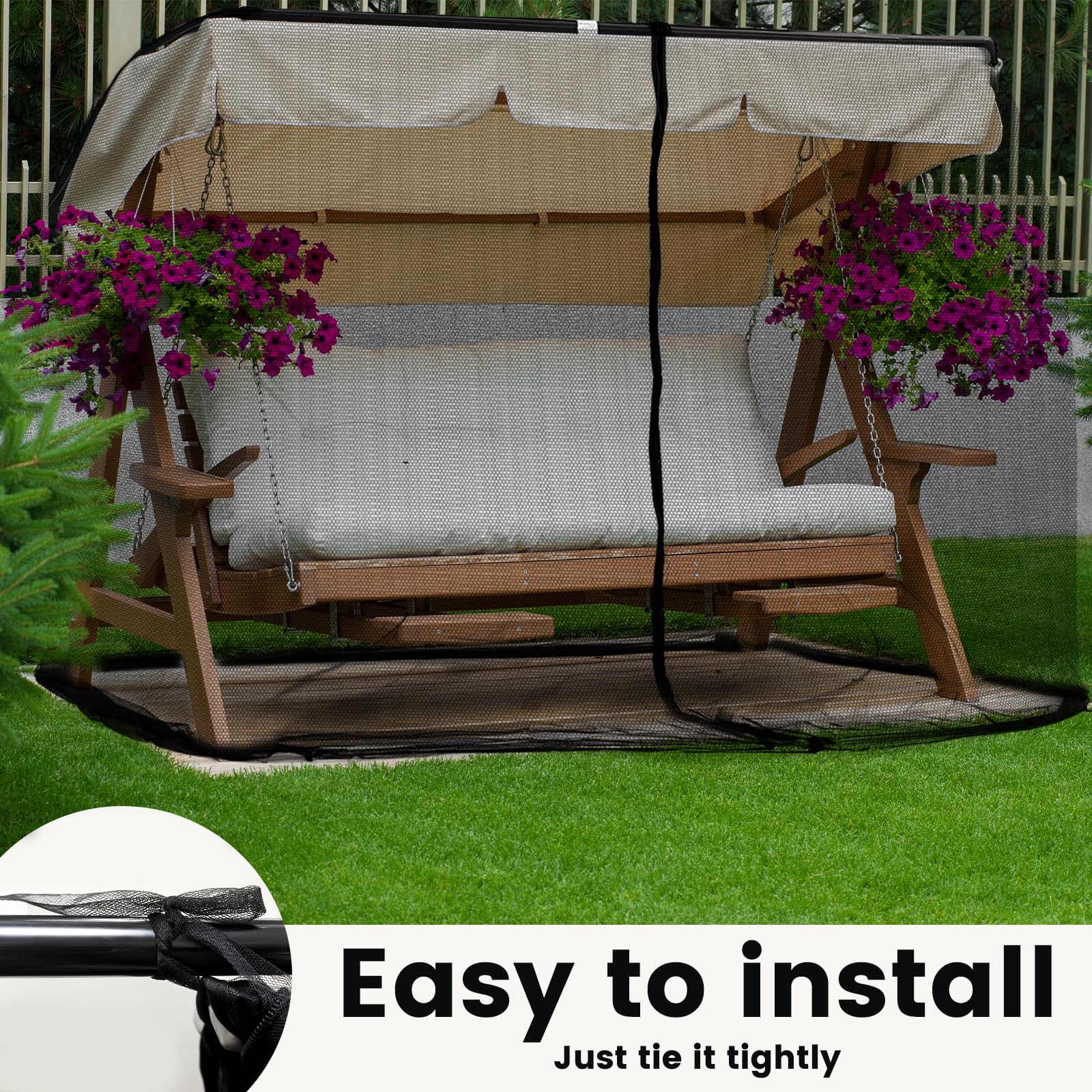 dellyy Zanzariera a 3 posti, con chiusura lampo, per altalena da giardino, altalena a dondolo, cuscino per seduta, tettuccio parasole, terrazza e giardino, 125 cm x 205 cm, colore nero
