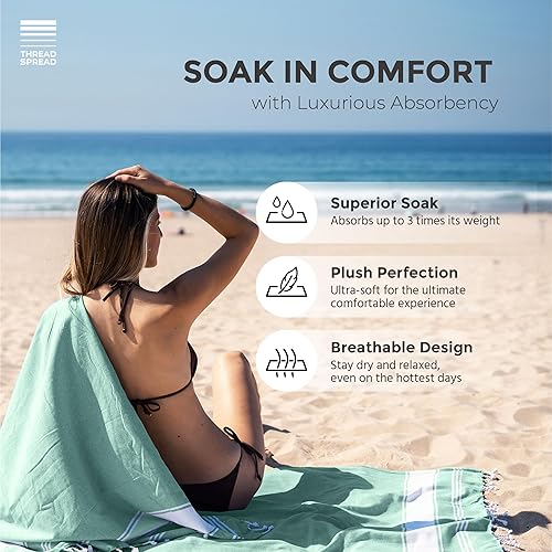 Miniatura 4 de THREAD SPREAD Juego de 2 toallas de playa 100 % algodón de gran tamaño, 39 x 71 pulgadas, con bolsa, de secado rápido y suaves, duraderas para