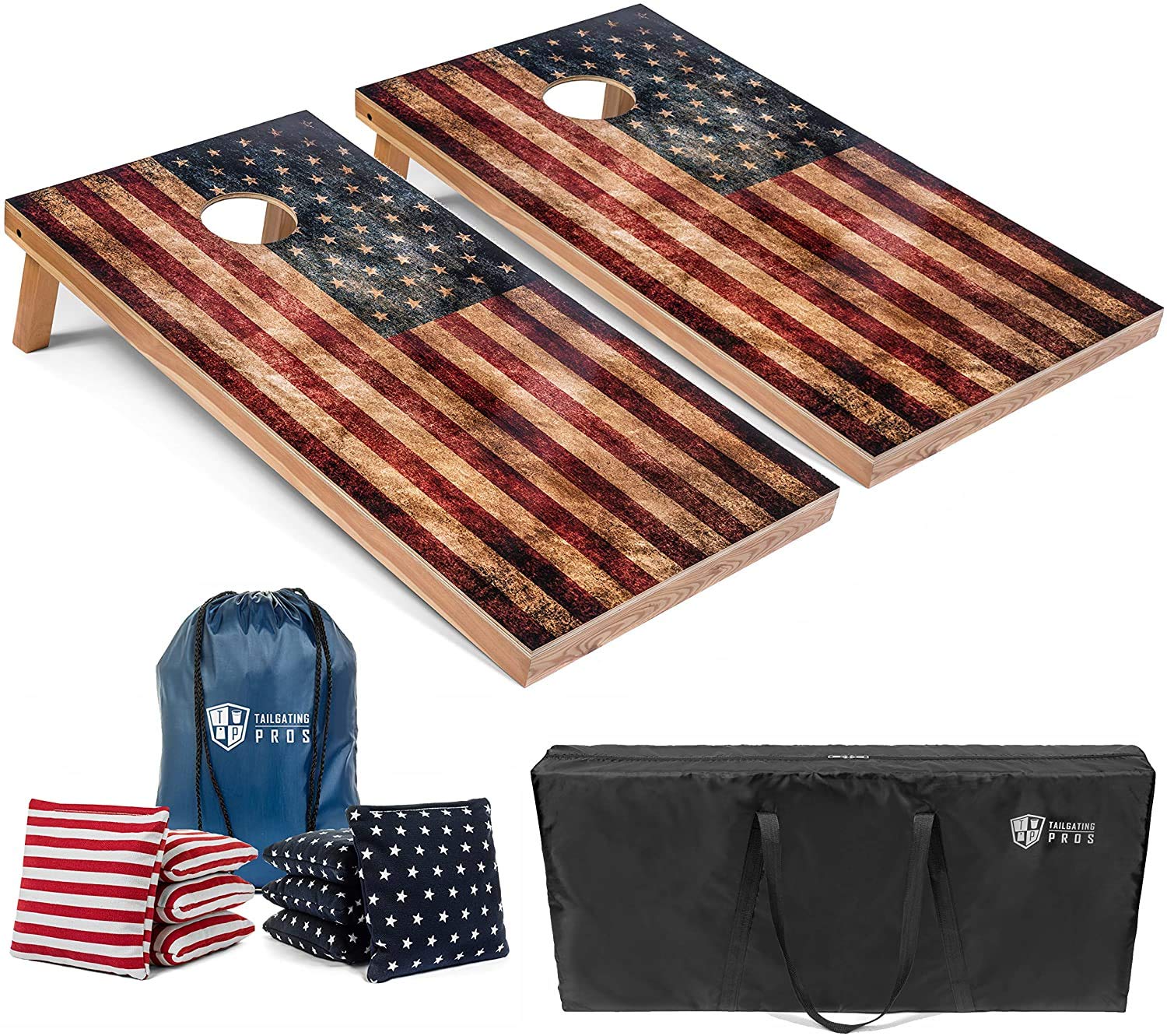 Tailgating Pros Cornhole Boards - 4'x2' Cornhole Game w/Carrying Case & Set of 8 Corn Hole Bean Bags w/Tote (4'x2' Distressed Flag Boards w/LED Ring)