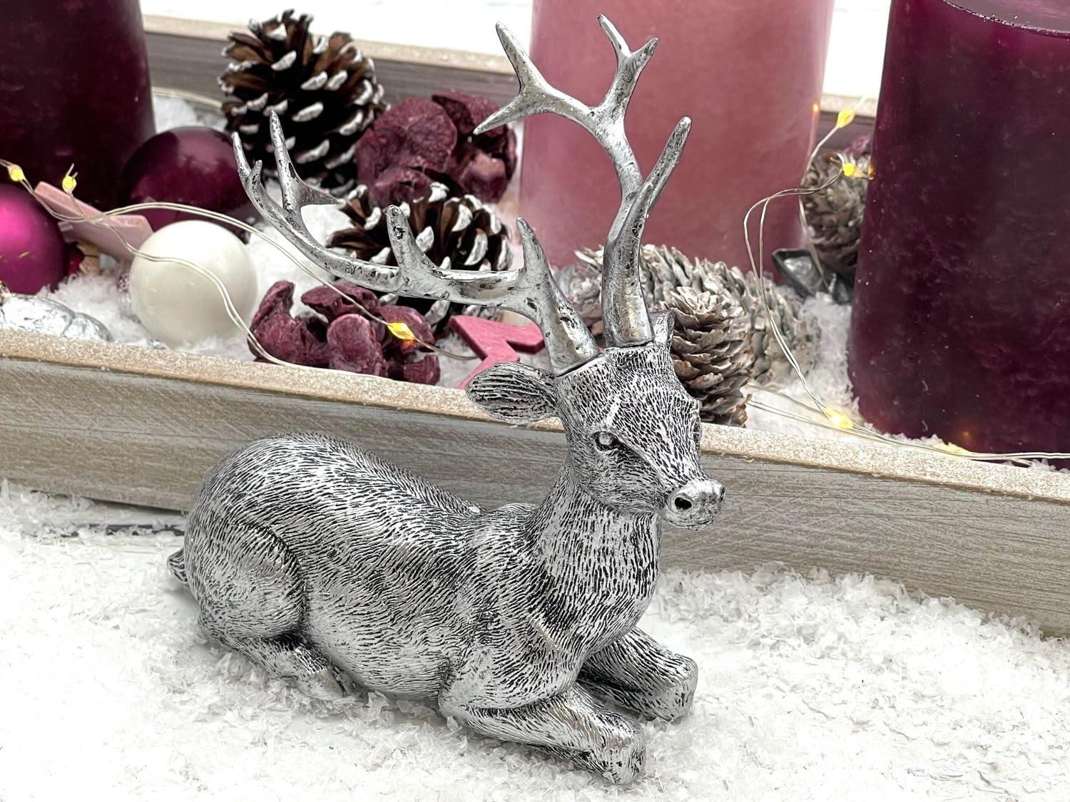 ZauberDeko LED Adventsgesteck Weihnachtsdeko Tablett Holz Hirsch Silber Rosa Beere Lichterkette 40cm