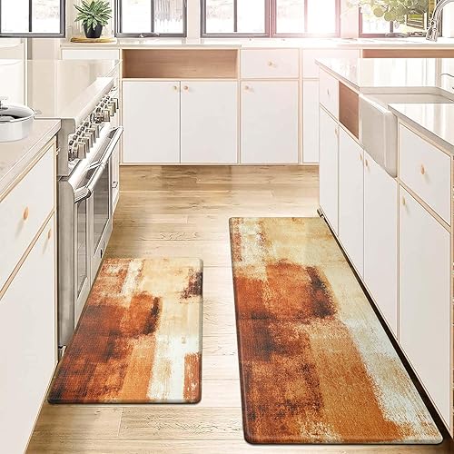 KIMODE Tapetes de cocina antifatiga, juego de 2 alfombras de cocina de color naranja abstracto de granja, antideslizantes, impermeables, tapetes de