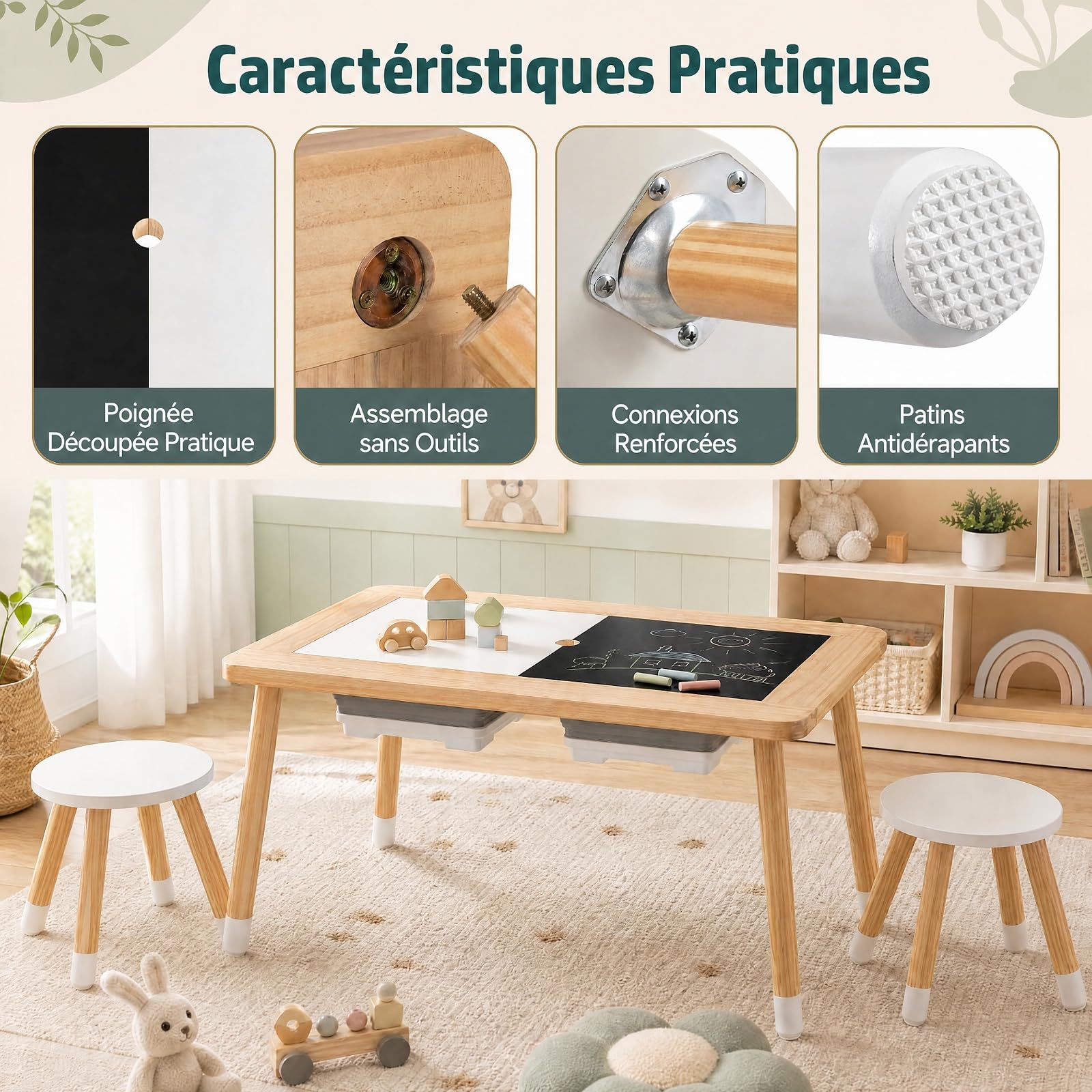 GOPLUS Table Sensorielle Enfant Extérieure avec 2 Chaises (Naturel)