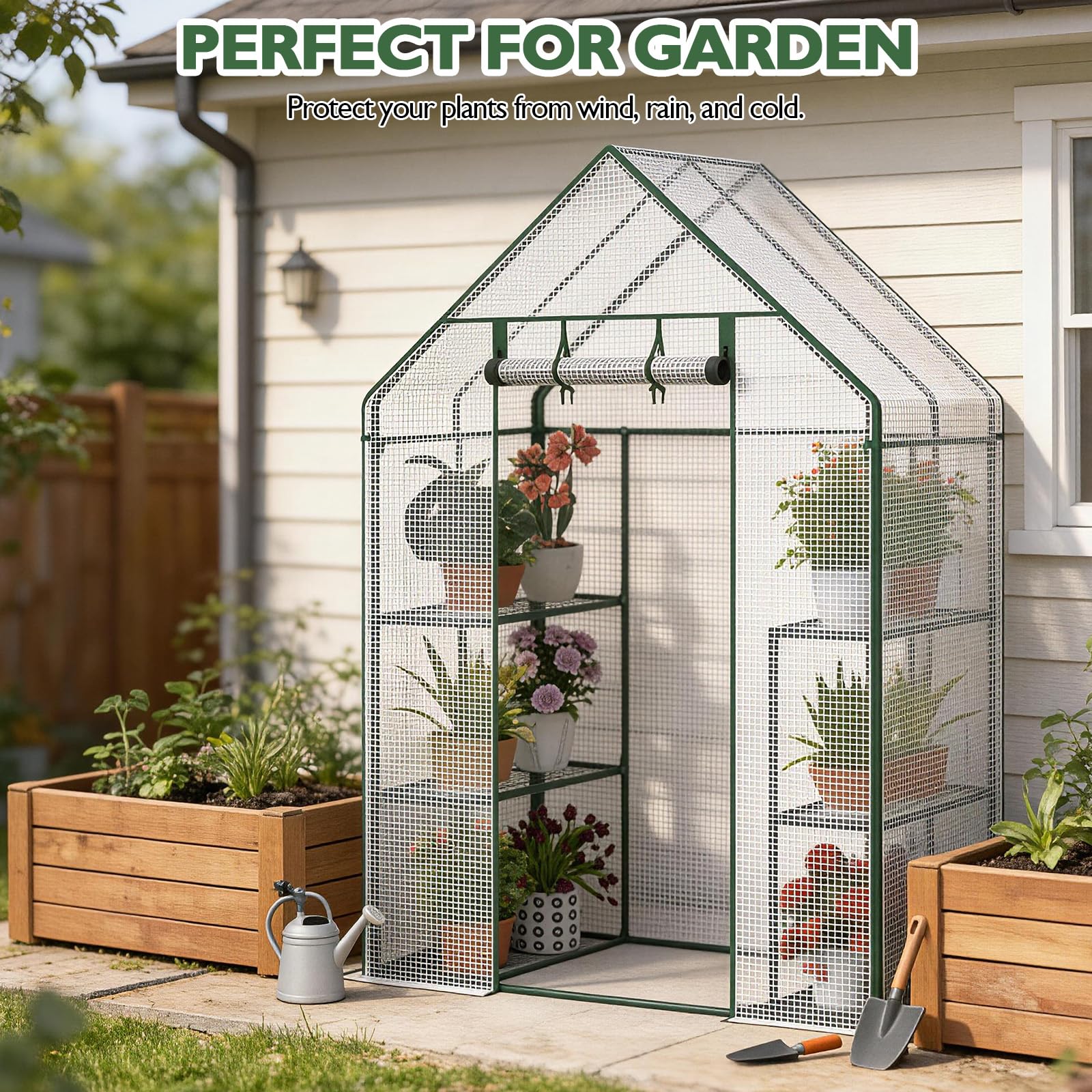 Soontrans Serra da Giardino, Dotato di Film in Rete PE e di 4 Ripiani a Griglia, Serra Antivento e Antipioggia, 143 × 73 × 195 CM, Bianco