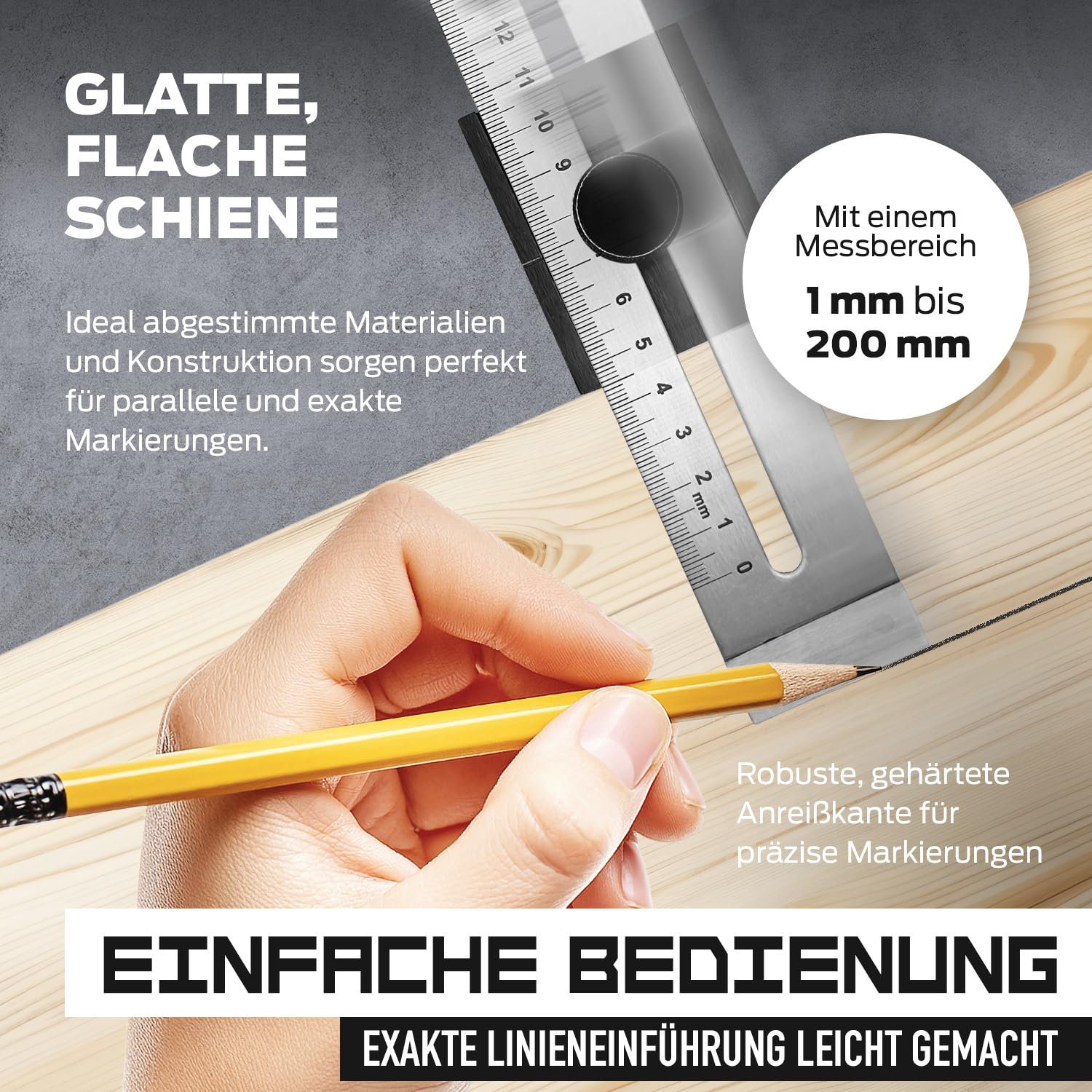 MIB Streichmaß aus rostfreiem Stahl 200 mm, DIN 9001 | Anreißwerkzeug für Tischler & Handwerker | Maßstab Lineal | Ergonomische Feststellschraube | Skala matt verchromt & lasergraviert