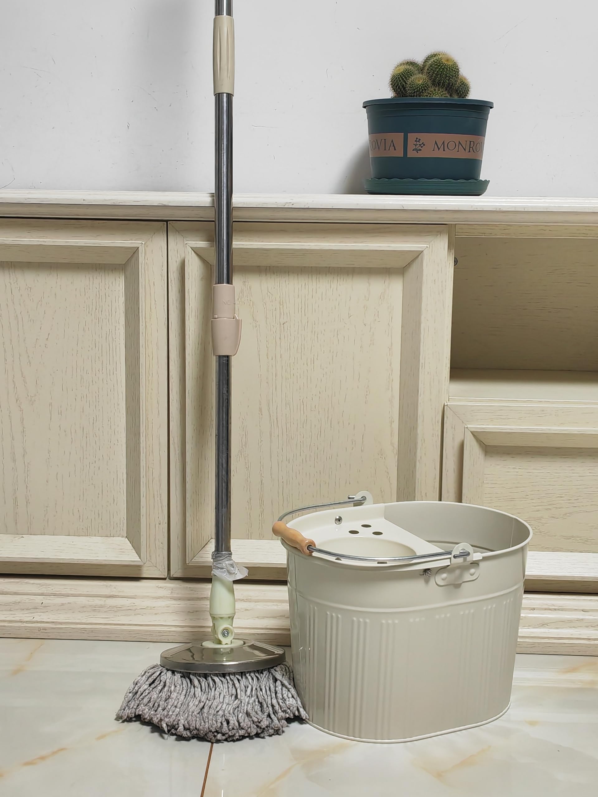 Cubo de acero galvanizado para fregona de 13 litros, grande, industrial, reforzado, resistente, de acero para limpieza general en casa y oficina (blanco roto)