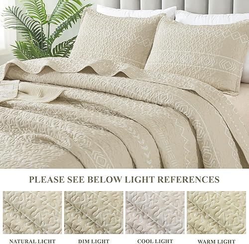 Miniatura 4 de Andency Juego de edredón beige California King (112 x 104 pulgadas), 3 piezas (1 edredón estampado triangular a rayas y 2 fundas de almohada), juego