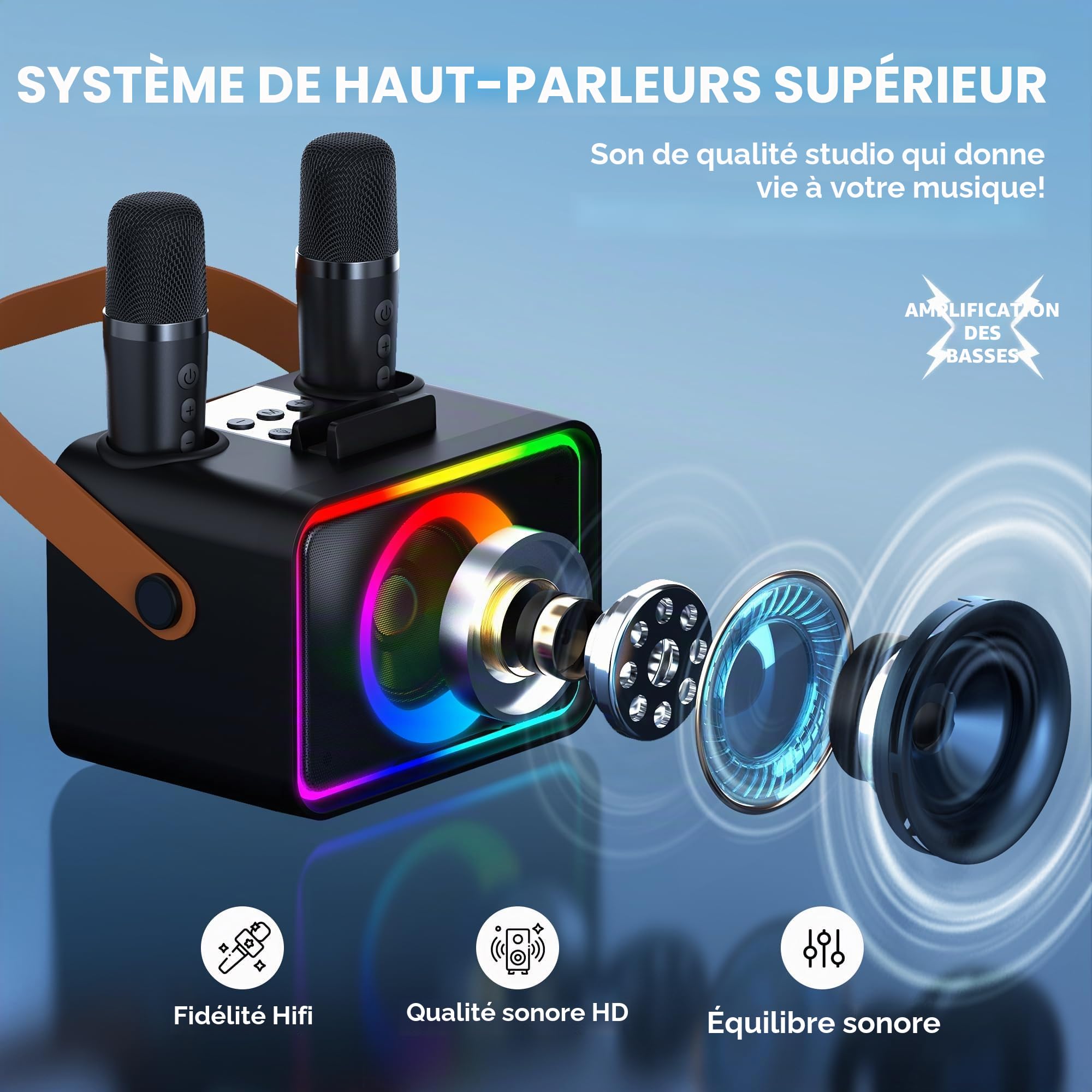 Machine de karaoké avec 2 Microphones pour Adultes et Enfants, Haut-Parleur de karaoké Bluetooth Portable pour Adultes et Enfants, système de sonorisation de fête avec lumières Disco pour