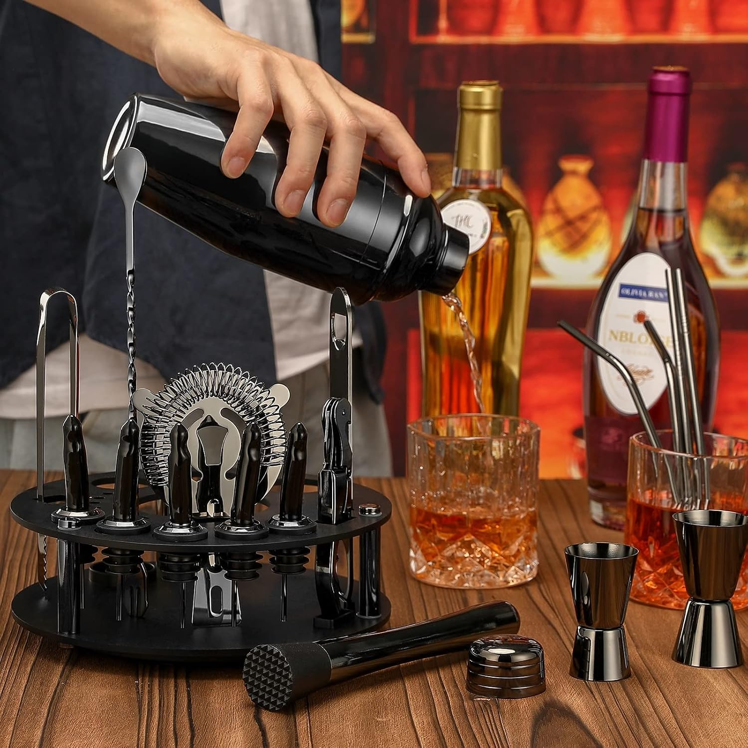 X-cosrack Bartender Kit: 19-Piece Black Cocktail Shaker Set with Rotating Stand,Stainless Steel Bar Tools Set for a Fantastic Mixing Experience, Ideal as Gift or for Home