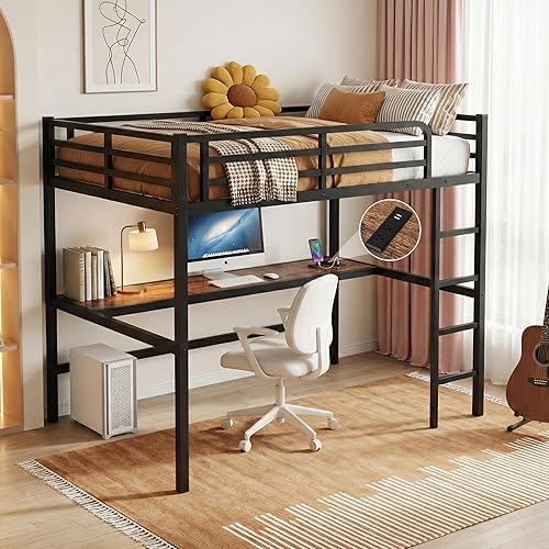 Cama alta tamaño Queen con escritorio, marco de cama alta de metal con carga USB y luces LED, cama alta resistente que ahorra espacio para niños,