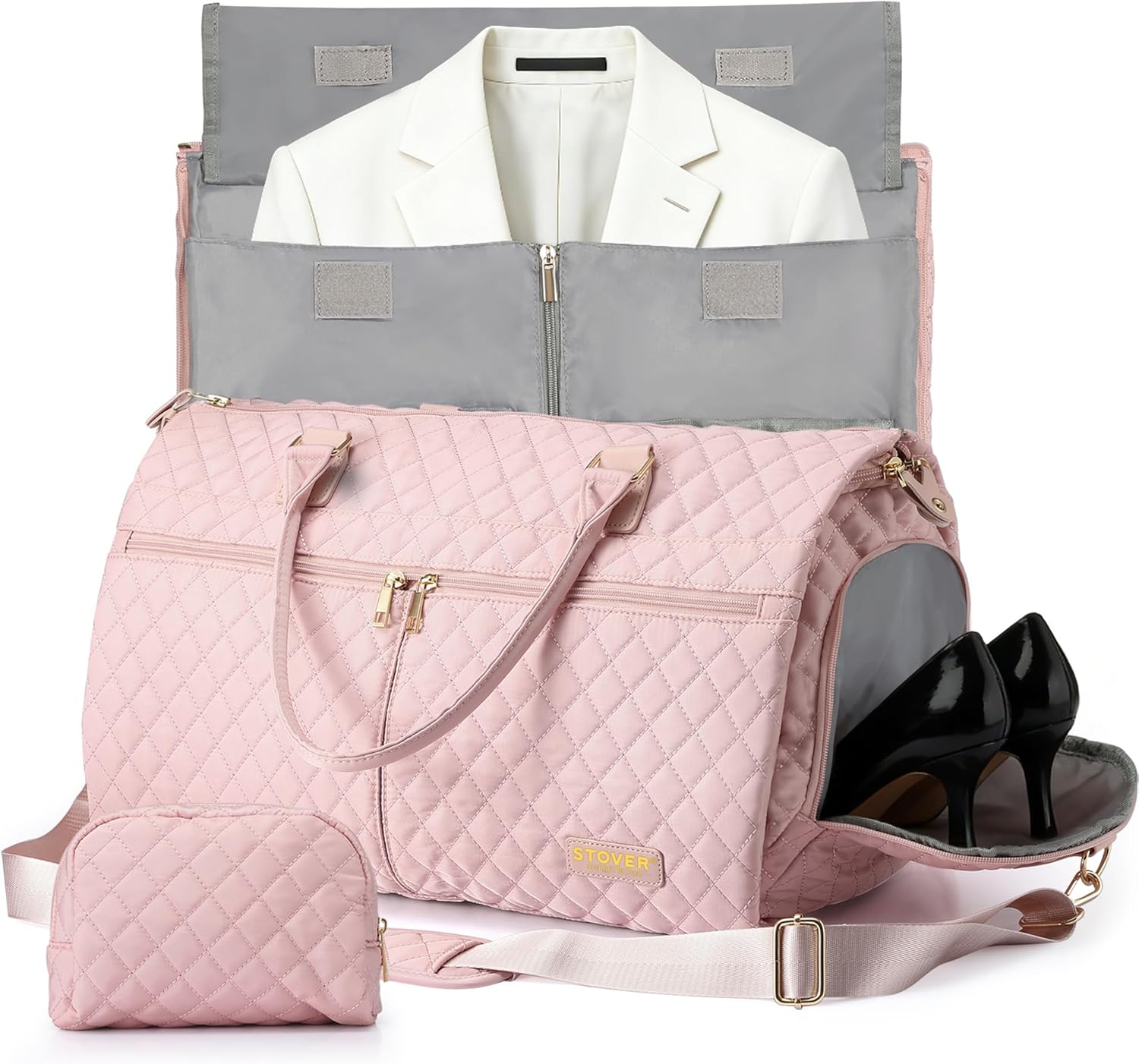 STOVER Women’s Convertible Garment Duffel Bag for Travel – 2-in-1 Carry-On Weekender/Overnight Tote - Wrinkle-Free Dresses, Hanging Suits & Clothes Plus Shoe Compartment & Bonus Toiletry Bag (Pink)