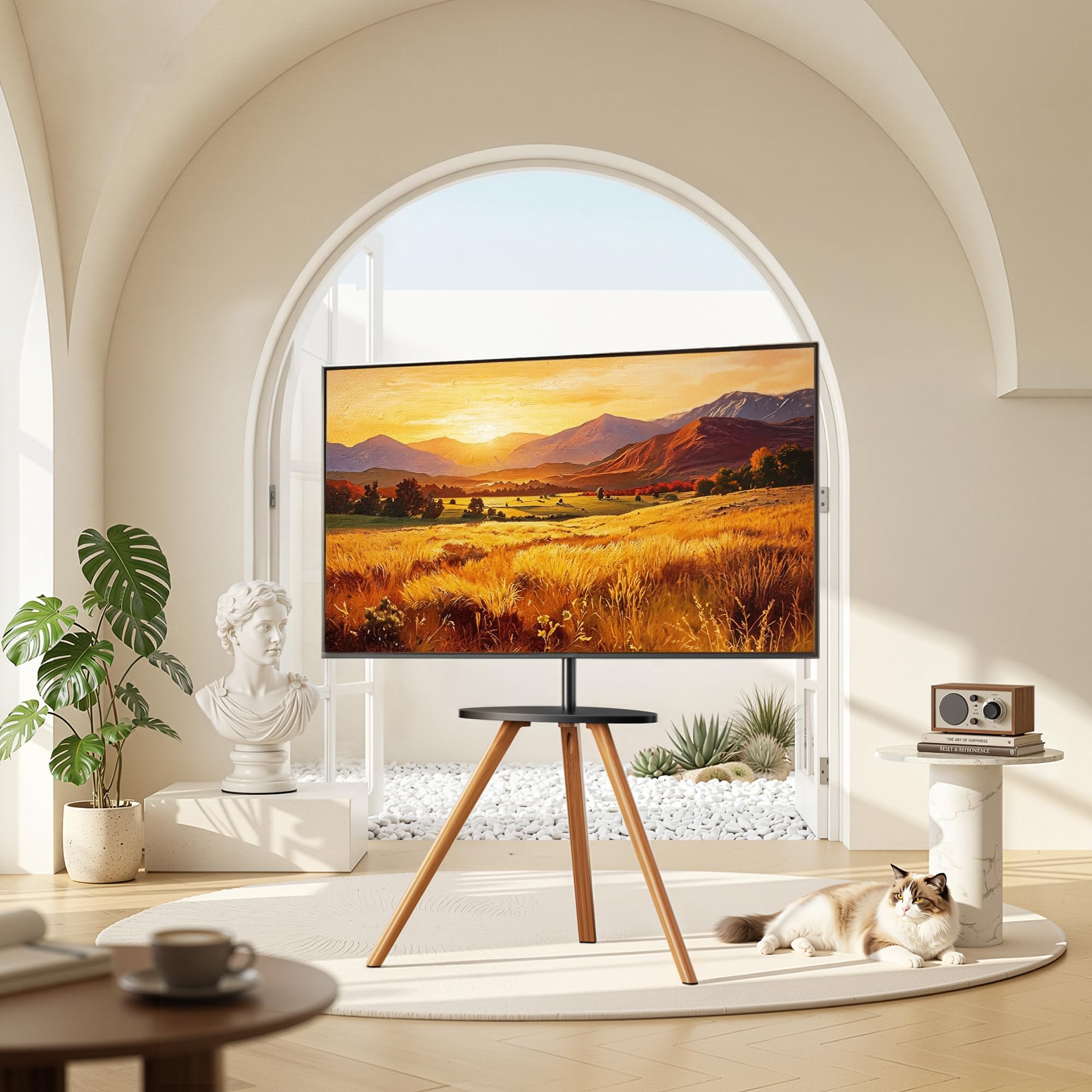 PEGZONE TV Ständer für 45 bis 65 Zoll LCD LED OLED Bildschirm bis zu 40 kg | Tragbarer TV Staffelei Holz mit Holztablett, Tripod TV Standfuss höhenverstellbar schwenkbar, Max VESA 600x400mm,für Haus