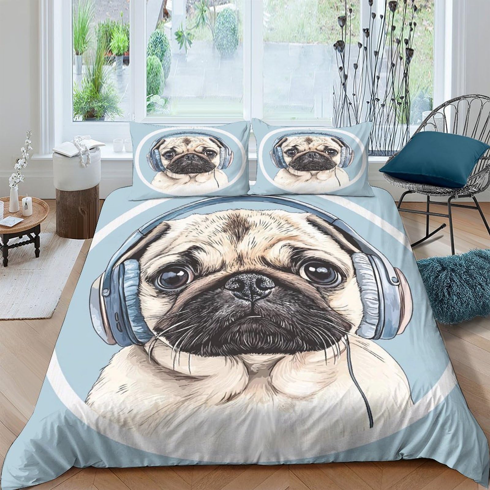 Ctjqhvkz Style-5 3D Printed Pug Headphones Fitted Sheet Microfiber Blue Cartoon Dog Bed Cover For Bedroom Dorm Mattress Protection Decor Single（135X200cm）