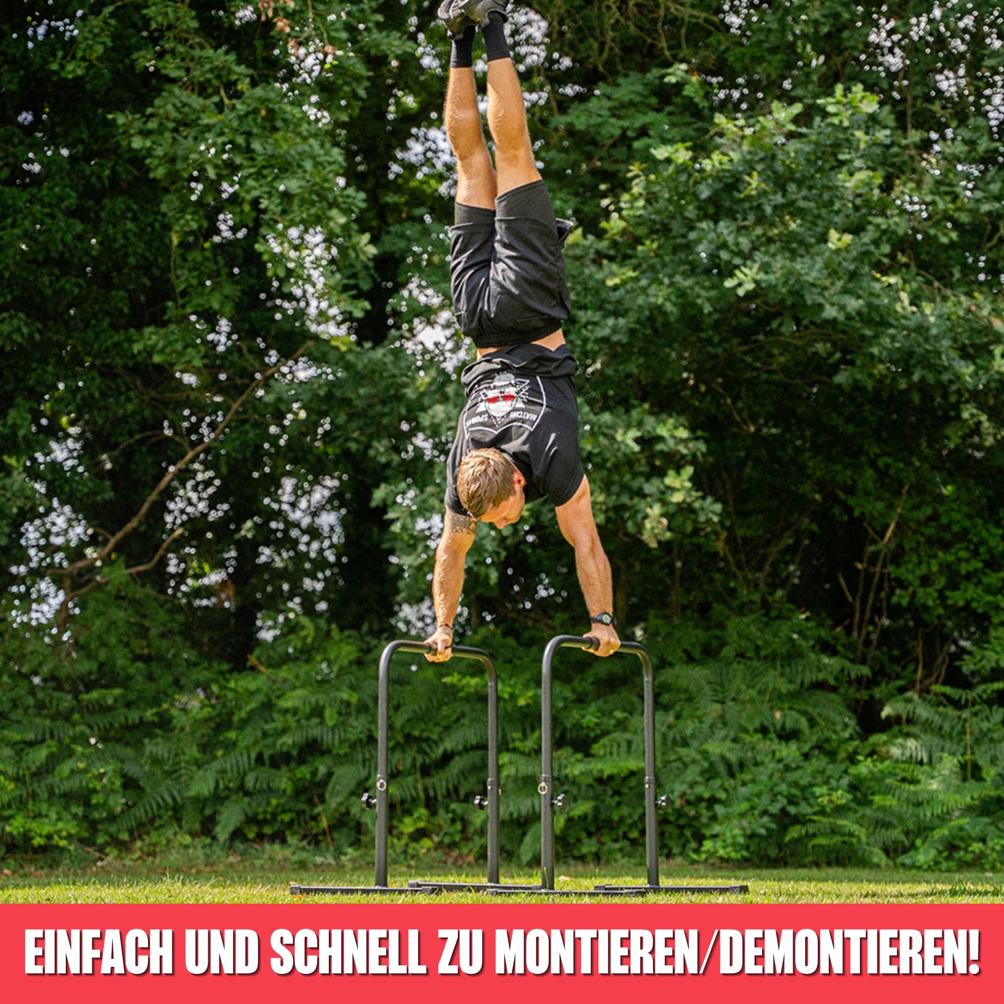 MATCHU - Verstellbare Dip Barren - Parallettes - Verstellbar in 75, 82, 89, 96 und 103 cm - 2er Set - Komfortabler Griff mit Rutschfesten Schaumstoffgriffen - Stahl - Schwarz