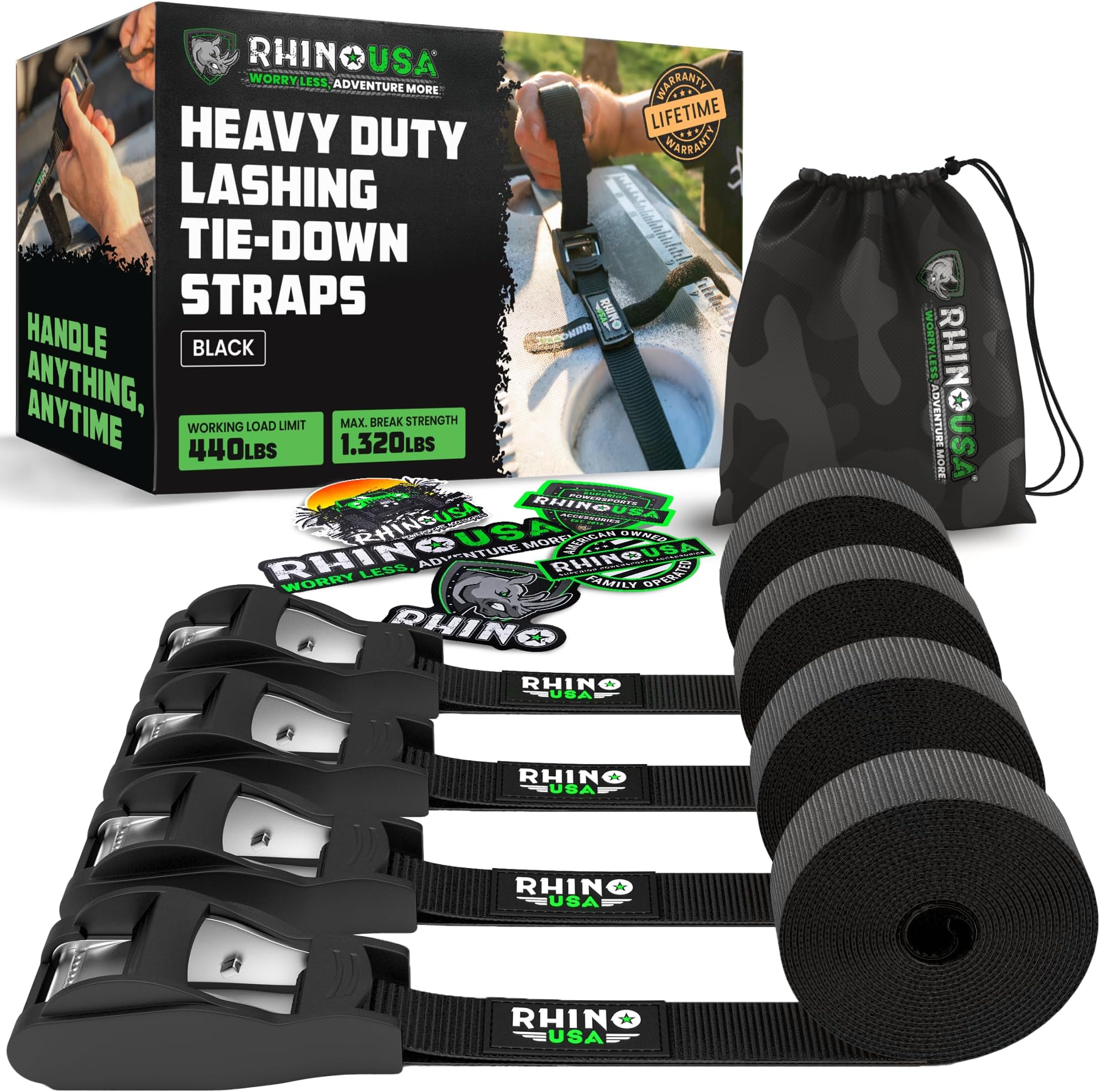 Rhino USA Lashing Straps Cargo Tie Downs (4PK) - 1,320lb lab Inspected Max Break Strength, Includes (4) Heavy Duty 1in x 12ft Cam Buckle Pull Straps. Best for Kayak, Cooler, Cargo