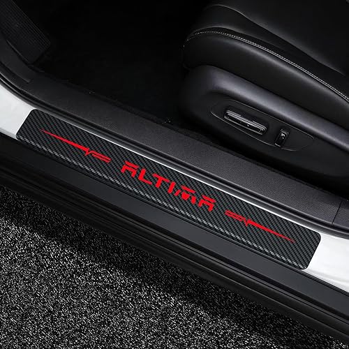 MAXDOOL 4 calcomanías reflectantes de cuero de fibra de carbono 4D para proteger el umbral de la puerta, para Nissan Altima (rojo)