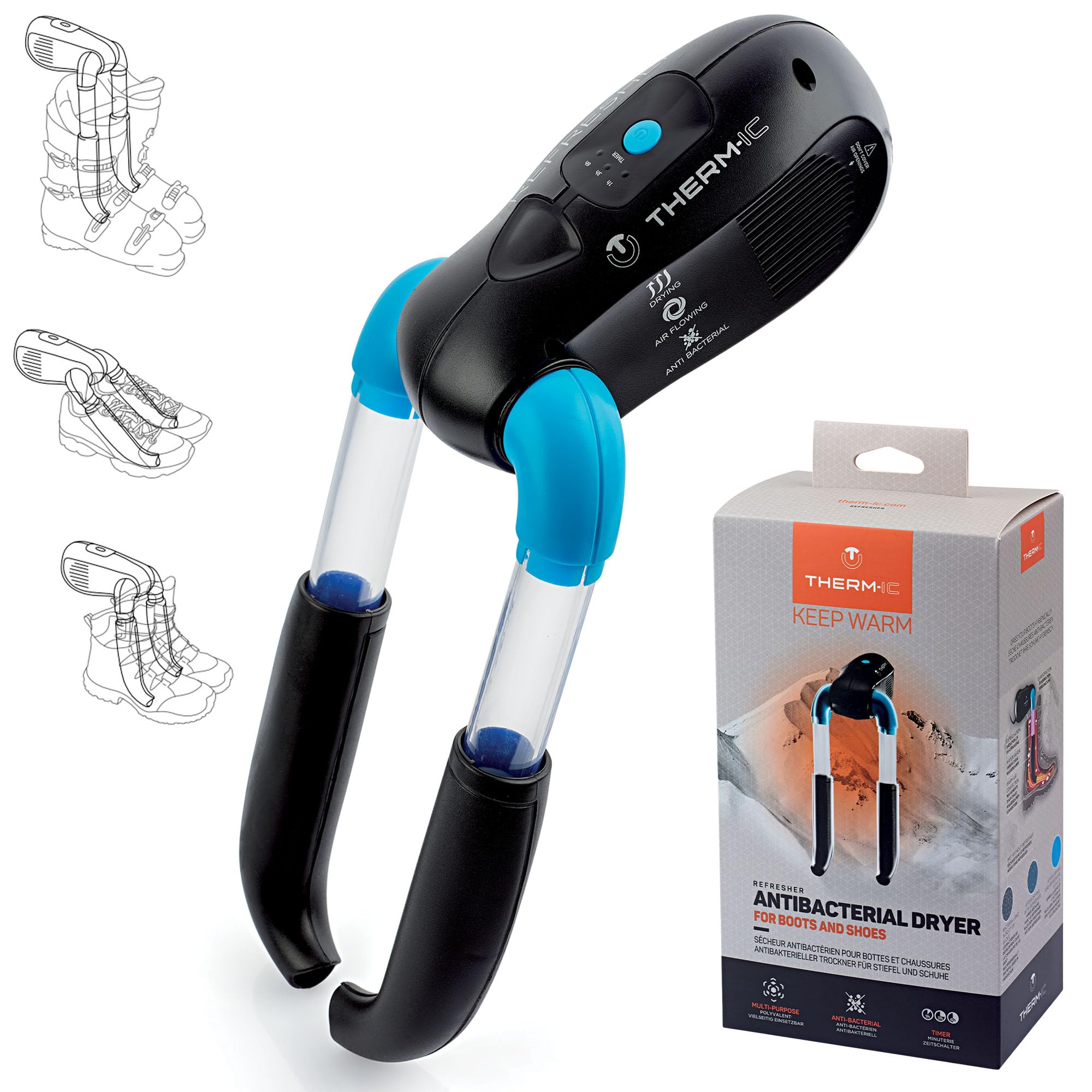 Therm-Ic - Sèche Chaussures et Gants, Désodorisant, Antibactéries, Réglage du temps, Compact et Silencieux, Longueur de tubes ajustable