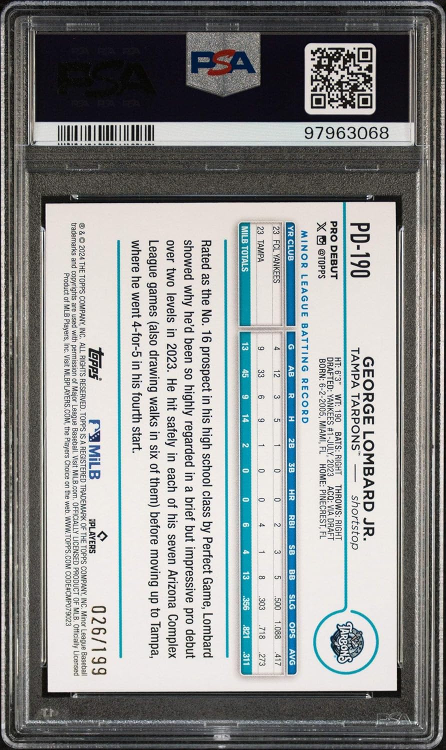 Graded 2024 Topps Pro Debut George Lombard Jr #PD190 Fuschia Foil /199 Rookie RC Baseball Card PSA 10 Gem Mint