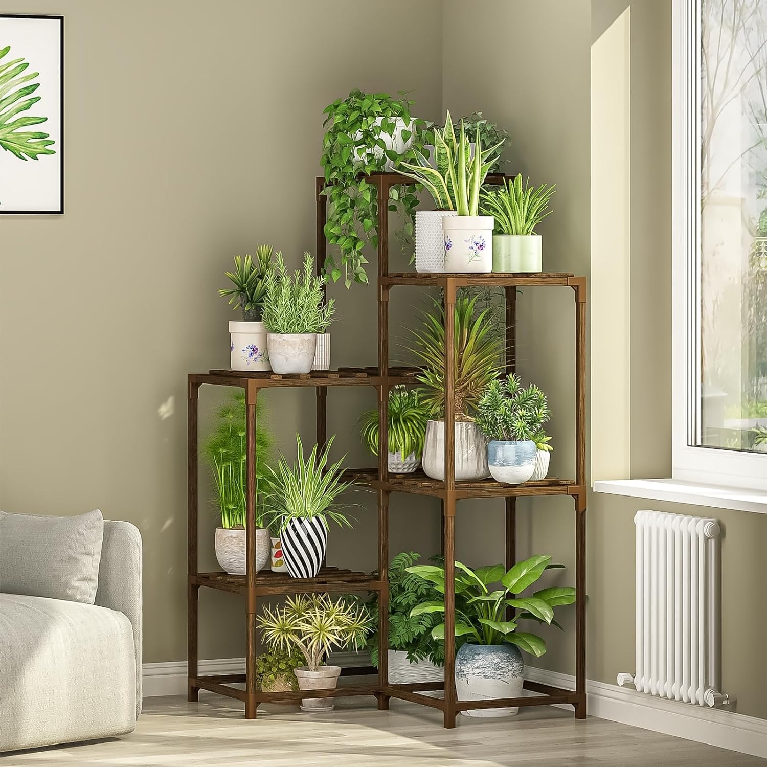 3Clock Plant Stand Indoor Shelf Outdoor Corner Wood Table 7 Pots Flower Stands For Living Room Rack Multiple Plants Patio Balcony Garden Decor
