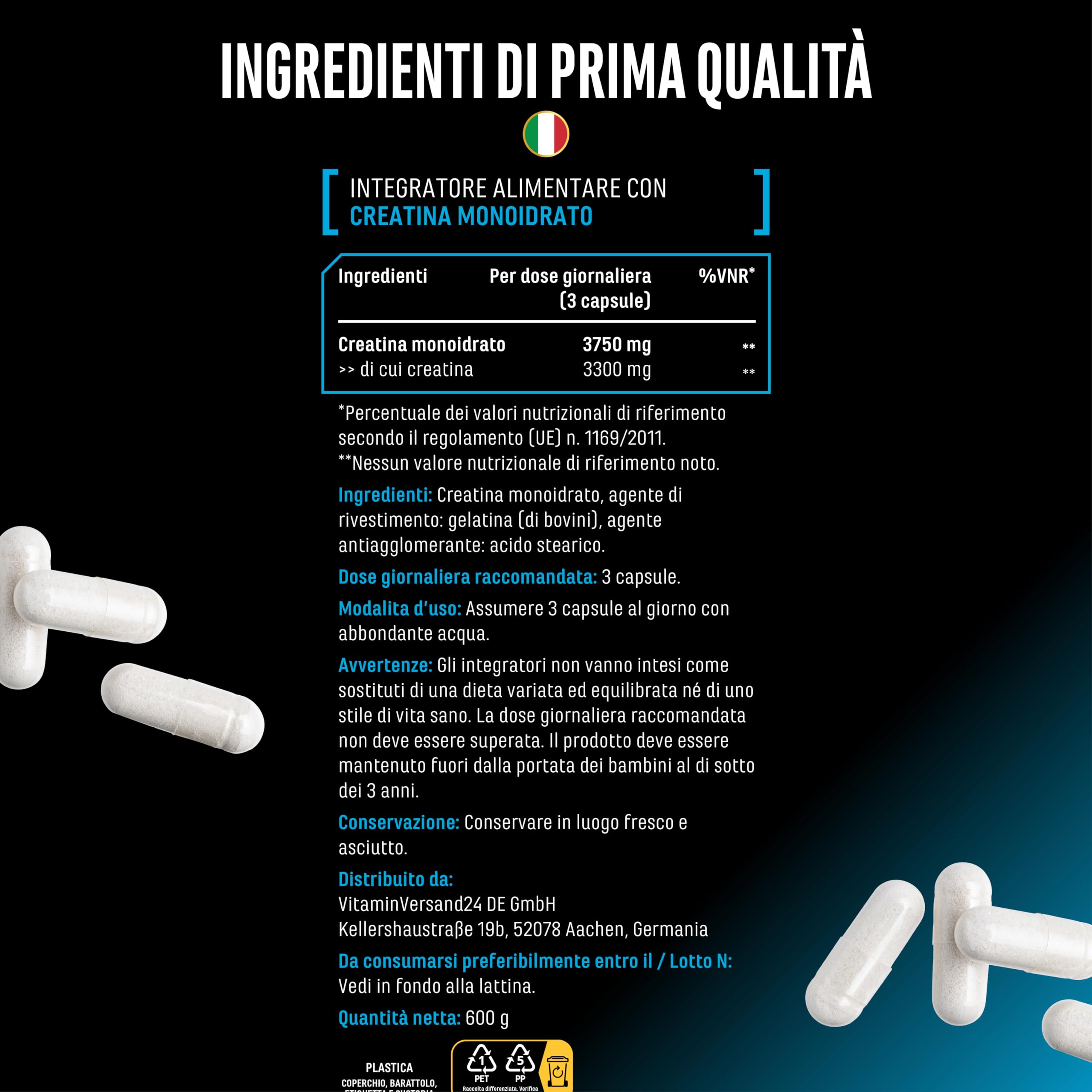 Creatina Ultra Caps - 420 capsule con 1250 mg ciascuna di creatina monoidrato pura - Premium: Ultrafine + Mesh Factor di 200 - Dosaggio elevato