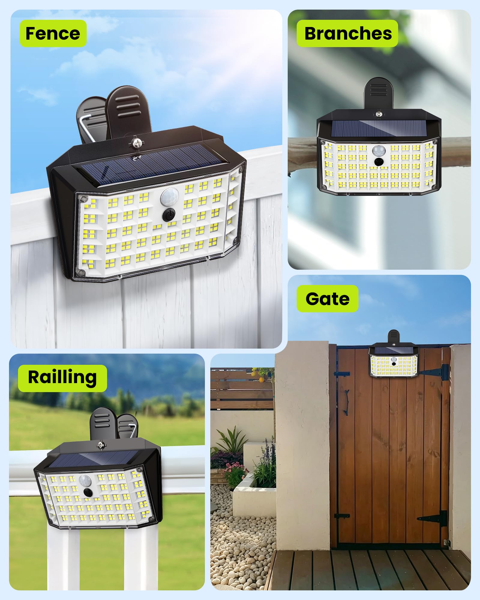 Solarleuchten für den Außenbereich mit Bewegungsmelder, 800 lm, 176 LEDs, Solar-Zaunlichter, wasserdicht, 3 Modi und tragbare Sicherheitslichter für Kettenglieder, Terrasse, Deck, Hof