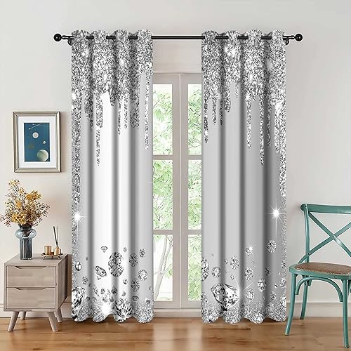 MIZSYE Cortinas de diamantes brillantes plateados, brillantes, decoración de pared, inspiración, cortinas opacas para dormitorios, salas de estar,