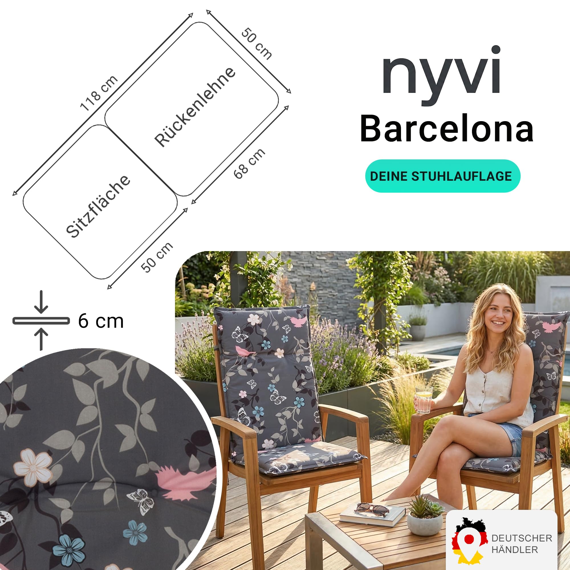 NYVI Gartenstuhl Auflagen Hochlehner 2er Set Barcelona - UV-Beständig, Atmungsaktiv, Strapazierfähig - Hochlehnerauflagen Sitzkissen Outdoor - Sitzauflagen für Gartenstühle 118x50cm Vintage Flower