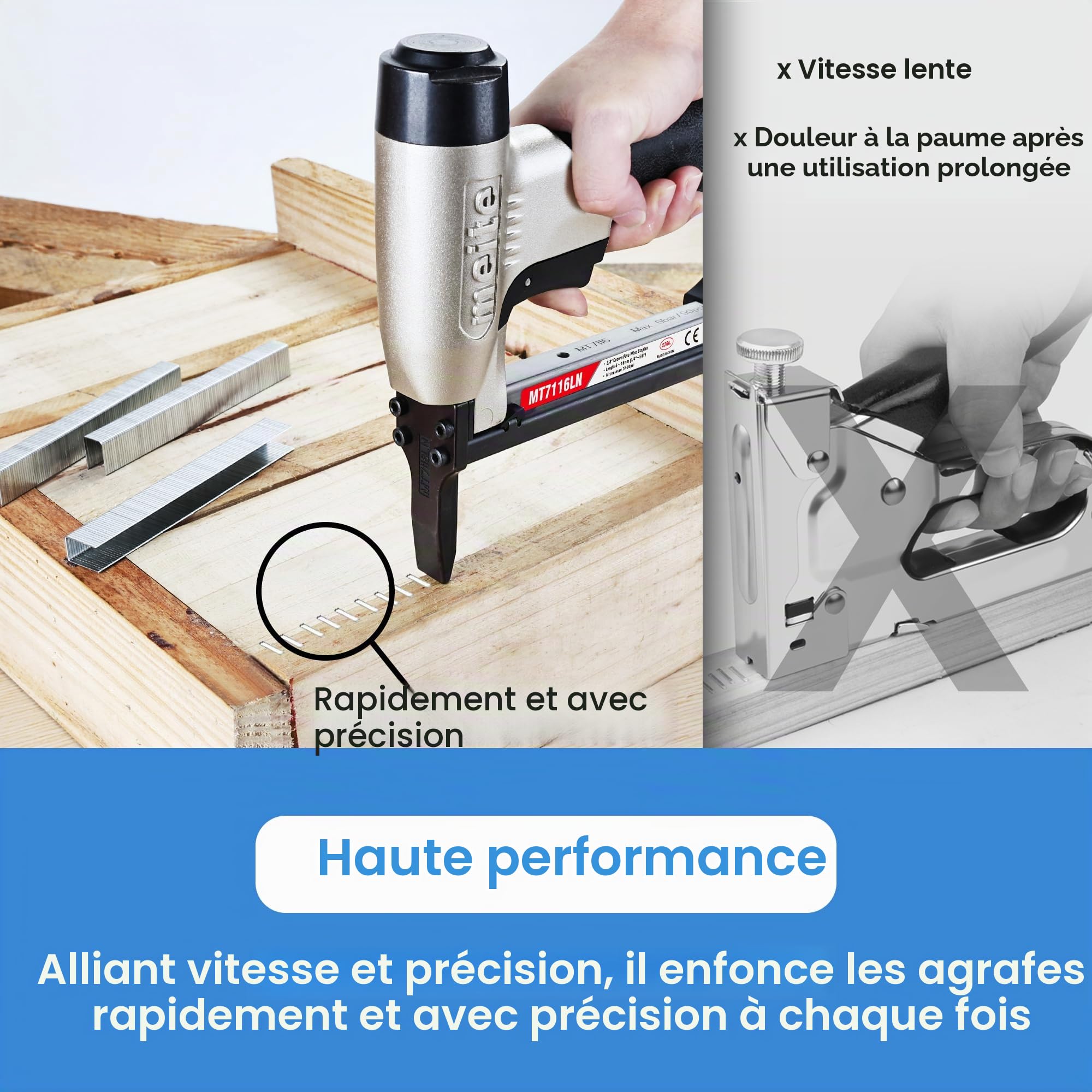 meite MT7116LN Agrafeuse Pneumatique Bec Long, Utilise des Agrafes de Type 71, Agrafes 6 à 16 mm, Couronne 9,1 mm – Pression de Travail 5-7 bar – Agrafeuse Pneumatique Pour Meubles et Travail du Bois